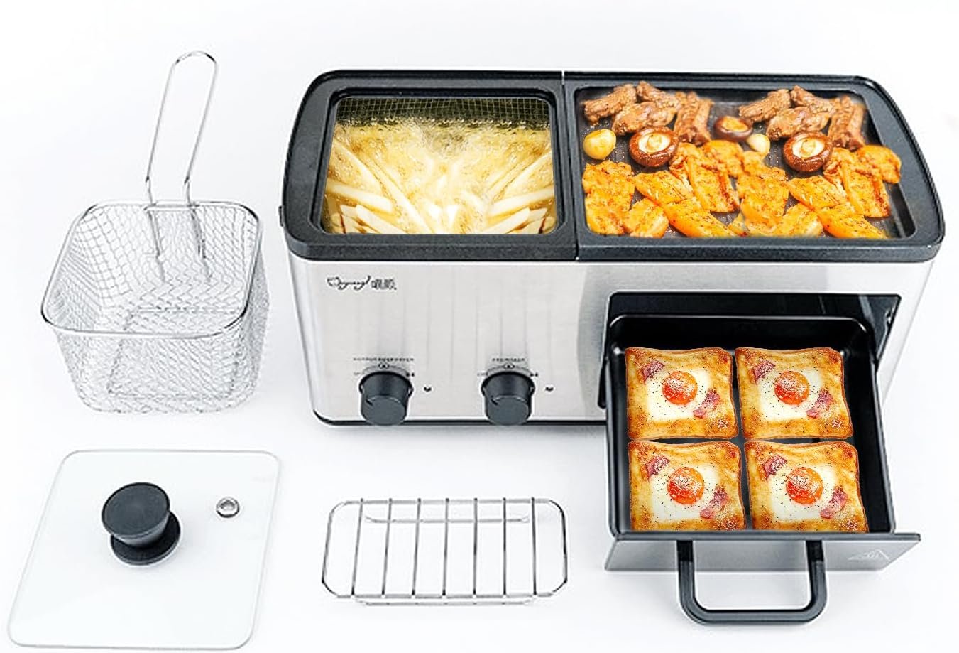 Newest 4 in 1 Hot Pot Electric with Grill and Frying Basket, Independent Dual Temperature Control, Fast Heating for Korean BBQ, Simmer, Boil, Fry, Roast, Silver