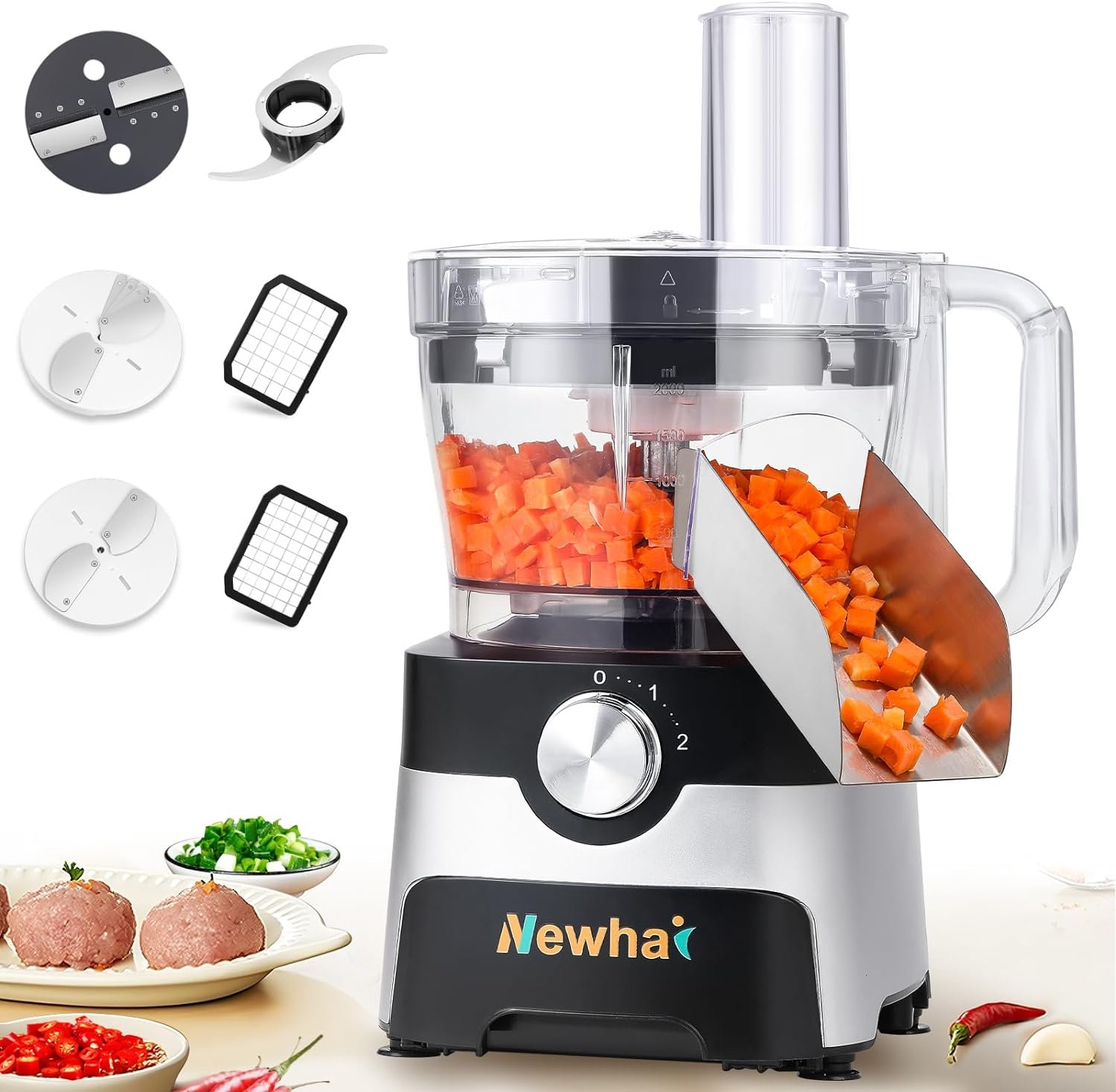 Newhai 5 in 1 Commercial Vegetable Dicer Electric Vegetable Slicer Shredder Spring Onion Circle Cutter Meat Grinder Multifunctional Food Processor with 4 Stainless Blades, 600W, 110V