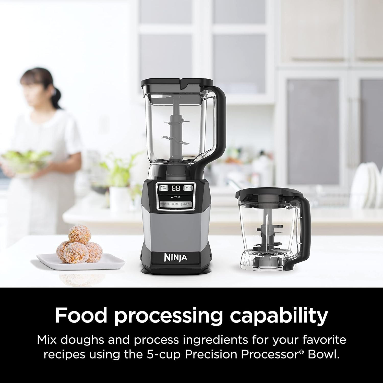 Ninja AMZ493BRN Compact Kitchen System, 1200W, 3 Functions for Smoothies, Dough  Frozen Drinks with Auto-IQ, 72-oz.* Blender Pitcher, 40-oz. Processor Bowl  18-oz. Single-Serve Cup, Grey