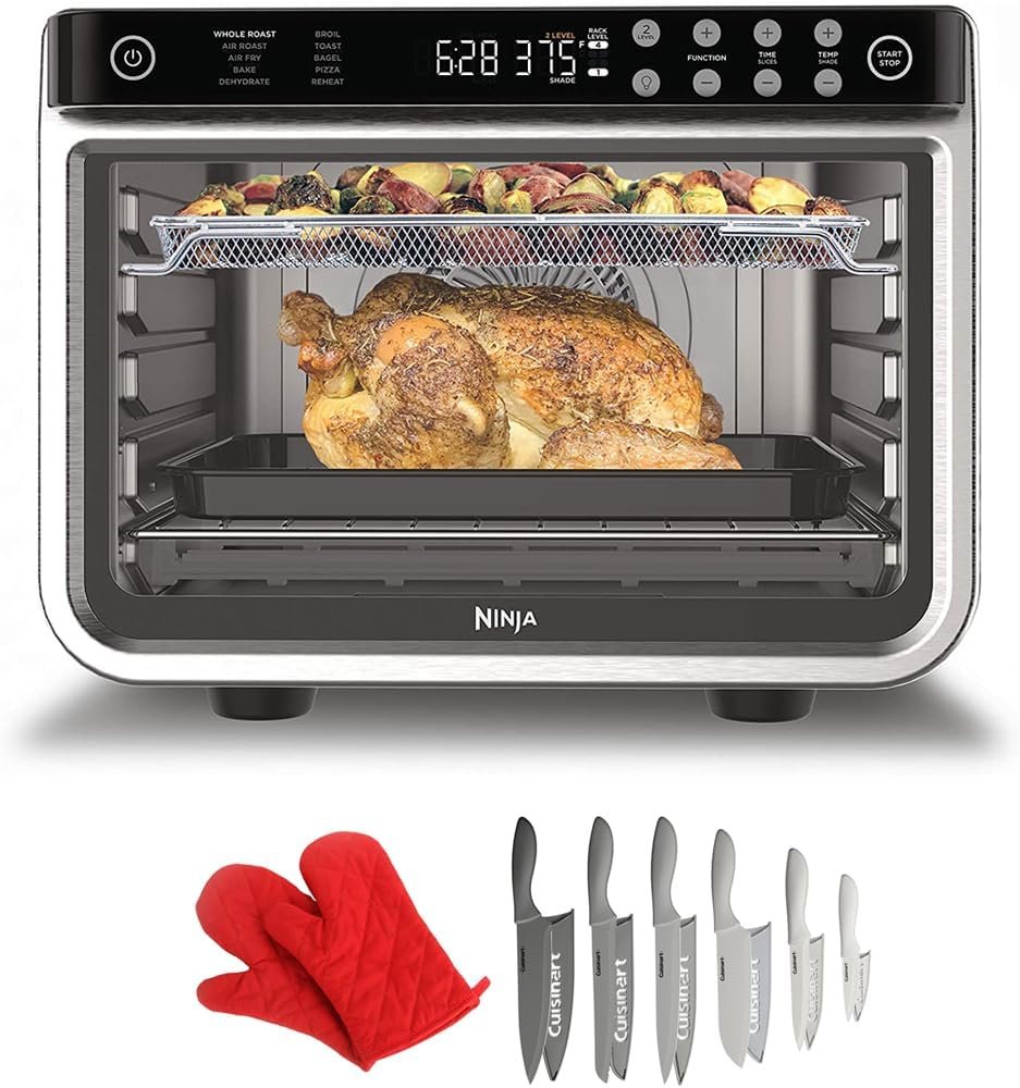Ninja DT201 Foodi 10-in-1 XL Pro Air Fry (Renewed) Bundle with Deco Chef Pair of Red Heat Resistant Oven Mitt and Cuisinart Advantage 12-Piece Gray Knife Set with Blade Guards