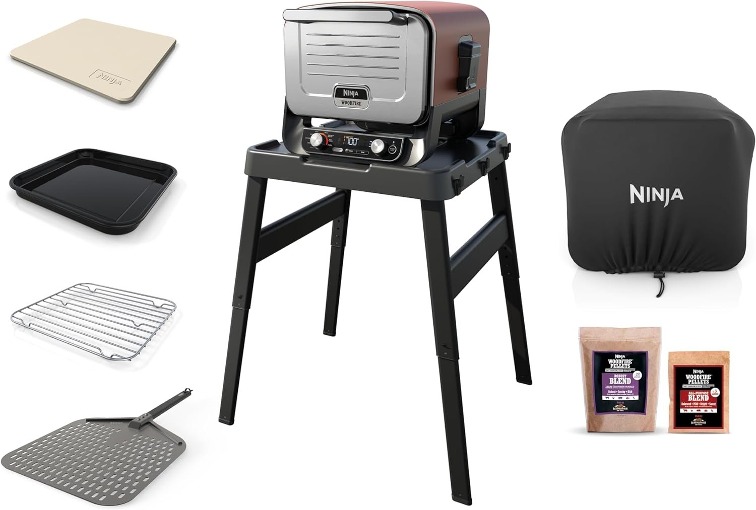 Ninja OO101 Woodfire 8-in-1 Outdoor Oven, Pizza Oven, 700°F, BBQ Smoker, Portable, Electric, Terracotta Red with XSKOPPL Pizza Peel+XSKOCVR Cover + XSKOP2R Woodfire Pellets