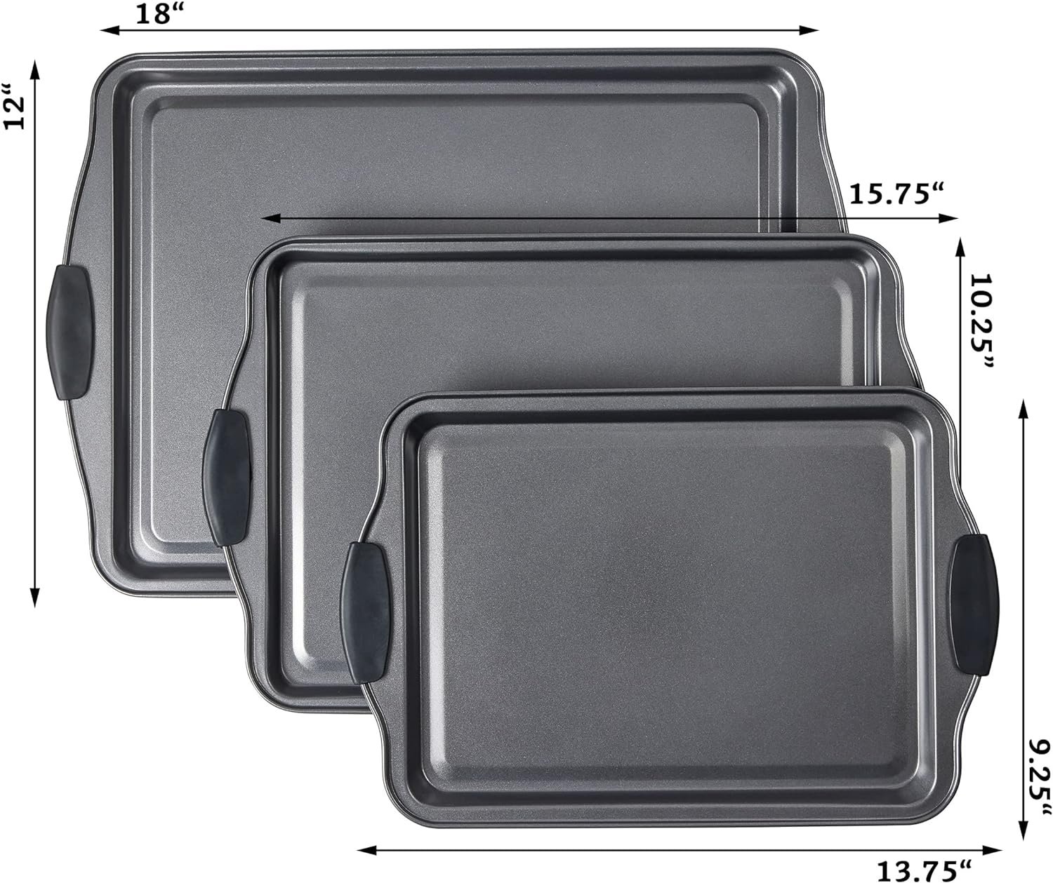 Non-Stick Baking Sheet Set 3 Pcs for Cookies  More, Heavy-Duty Aluminum Baking Sheets with Gray Silicone Handles