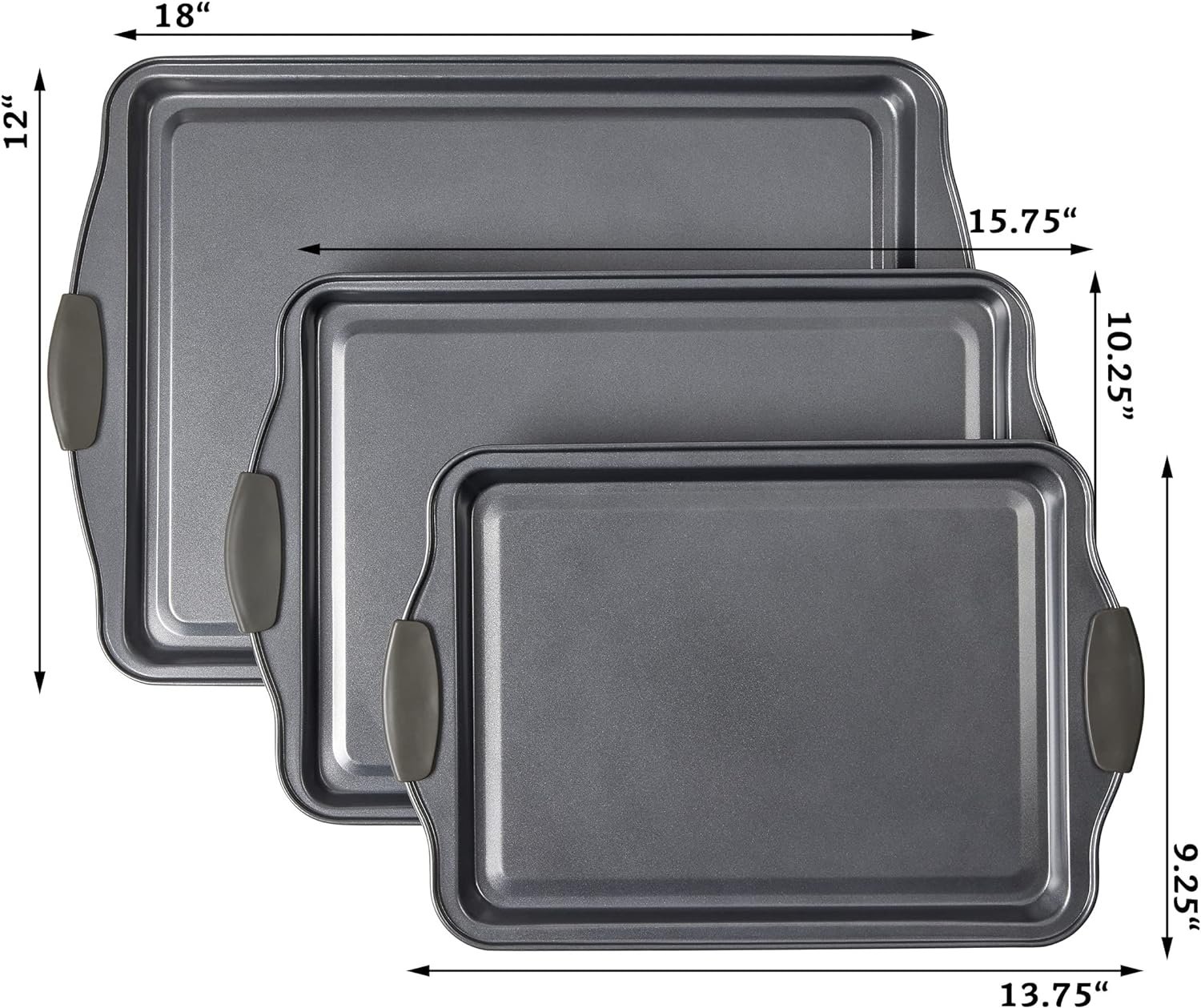 Non-Stick Baking Sheet Set 3 Pcs for Cookies  More, Heavy-Duty Aluminum Baking Sheets with Gray Silicone Handles