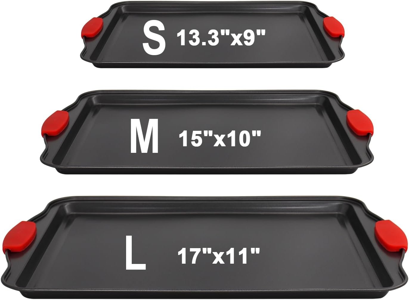 Non-Stick Baking Sheets Set of 3, Deluxe Black Non-Stick Carbon Steel, Commercial Grade Restaurant Quality Metal Bakeware with Red Silicone Handles(Black)