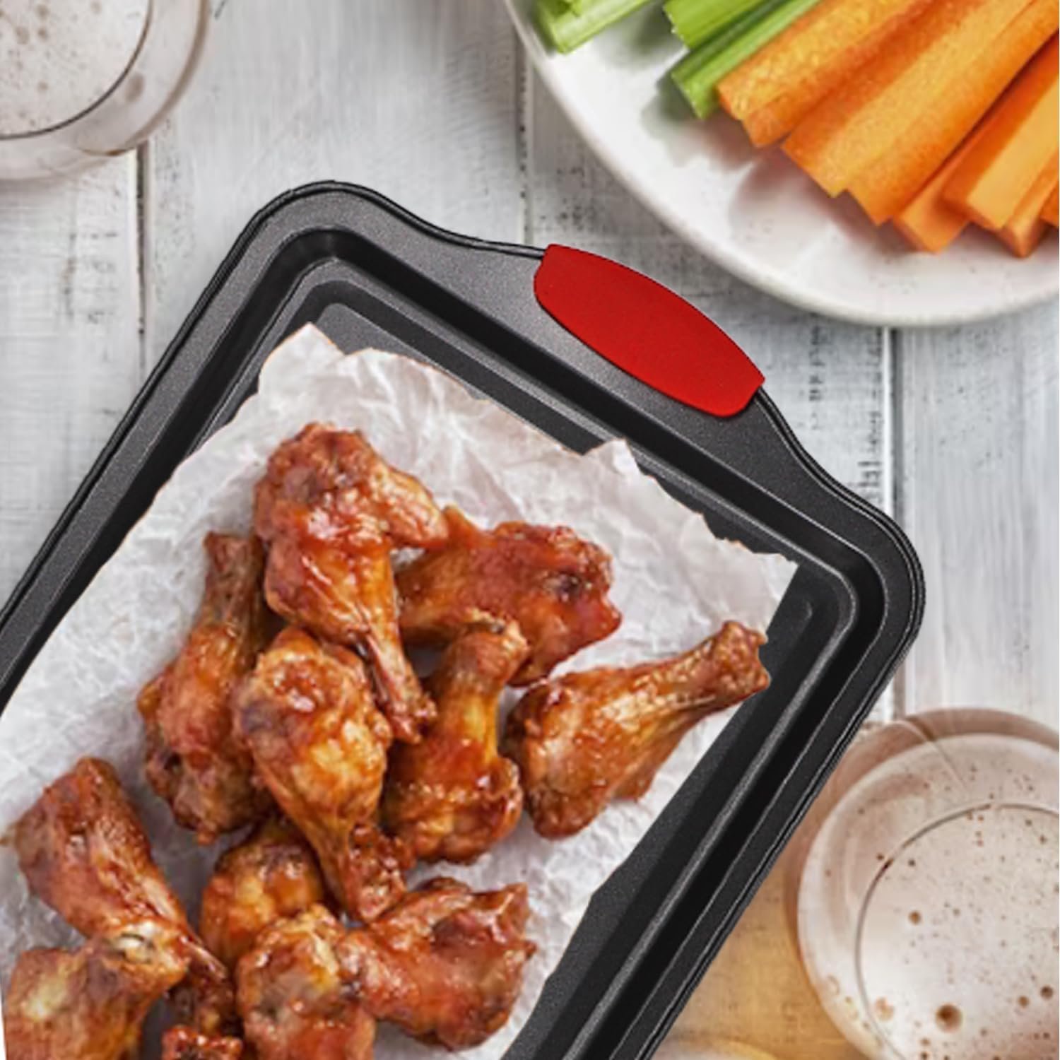 Non-Stick Baking Sheets Set of 3, Deluxe Black Non-Stick Carbon Steel, Commercial Grade Restaurant Quality Metal Bakeware with Red Silicone Handles(Black)