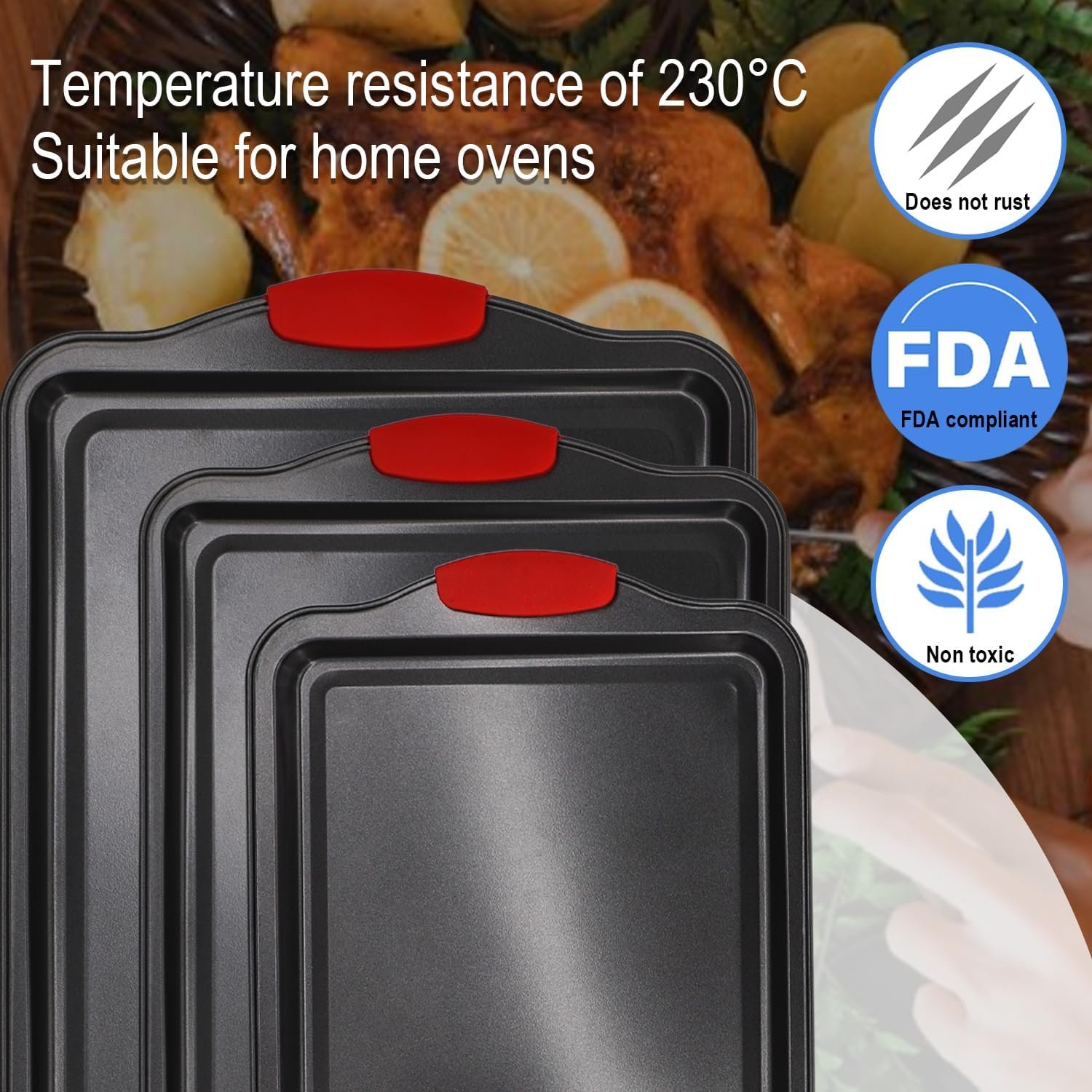 Non-Stick Baking Sheets Set of 3, Deluxe Black Non-Stick Carbon Steel, Commercial Grade Restaurant Quality Metal Bakeware with Red Silicone Handles(Black)