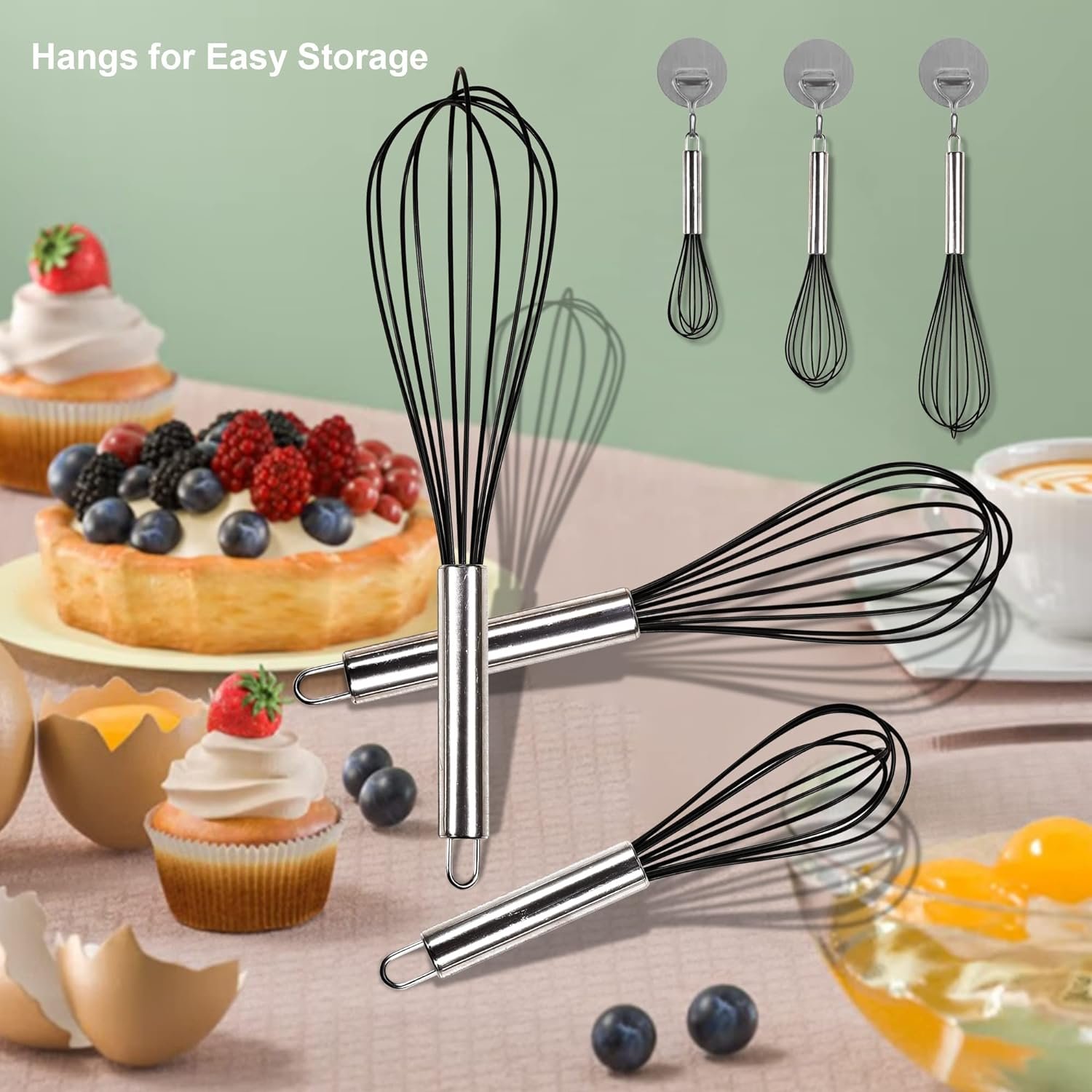 Non-stick Black Silicone Whisks with Stainless Steel Handles, Small Whisk, Medium Whisk, Large Whisk, 3 Pieces Heat-Resistant Kitchen-aid Hand Mixer for Cheese, Coffee, Eggs, and Cooking, 8+10+12