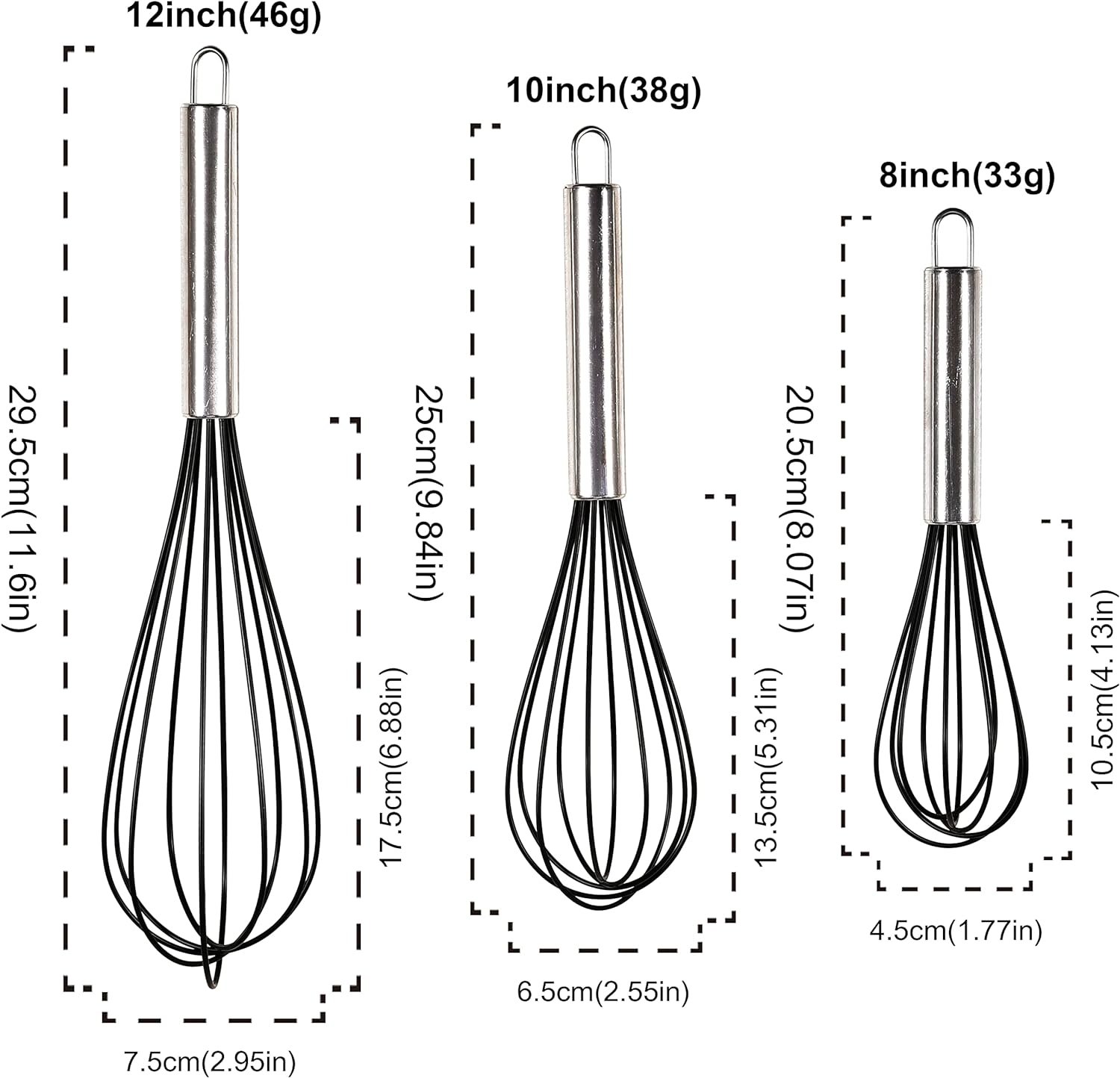 Non-stick Black Silicone Whisks with Stainless Steel Handles, Small Whisk, Medium Whisk, Large Whisk, 3 Pieces Heat-Resistant Kitchen-aid Hand Mixer for Cheese, Coffee, Eggs, and Cooking, 8+10+12