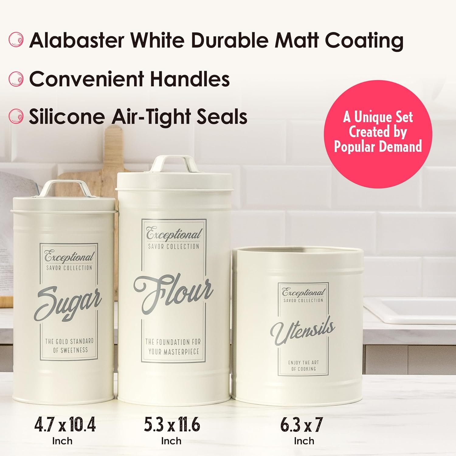 noonberry Canisters for Kitchen Counter, Set of 3 - Airtight Sugar and Flour Containers  XL Kitchen Utensil Holder, Vintage Farmhouse Canister Set for Kitchen Countertop