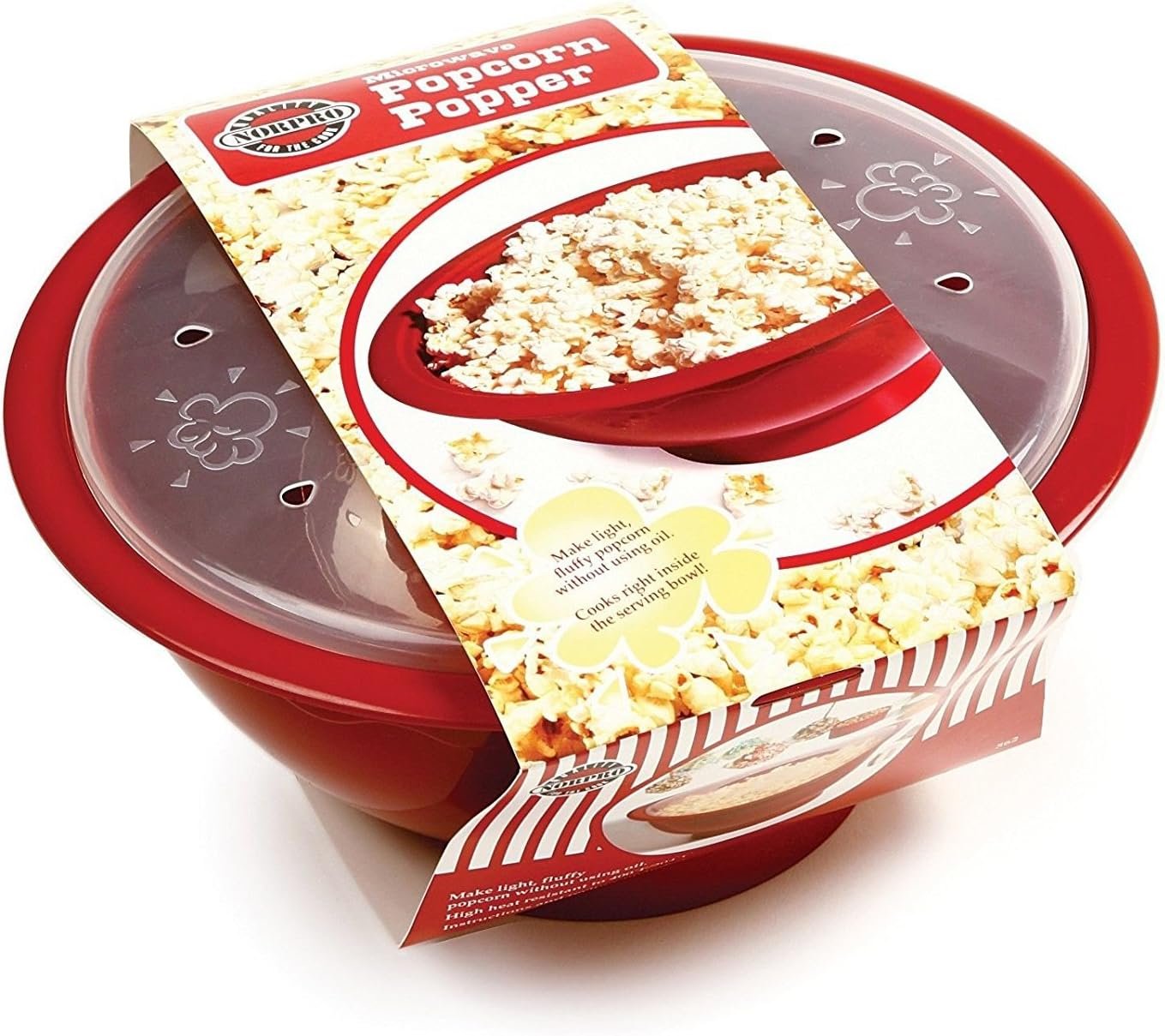 Norpro Microwave Popcorn Popper, 10.5 x 5 x 10.5, Red, w/clear lid