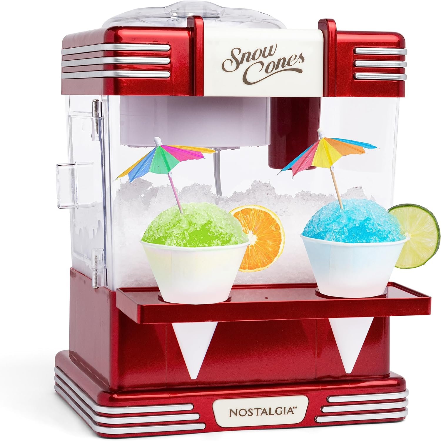 Nostalgia Snow Cone Shaved Ice Machine - Retro Table-Top Slushie Machine Makes 20 Icy Treats - Includes 2 Reusable Plastic Cups  Ice Scoop - Retro Red