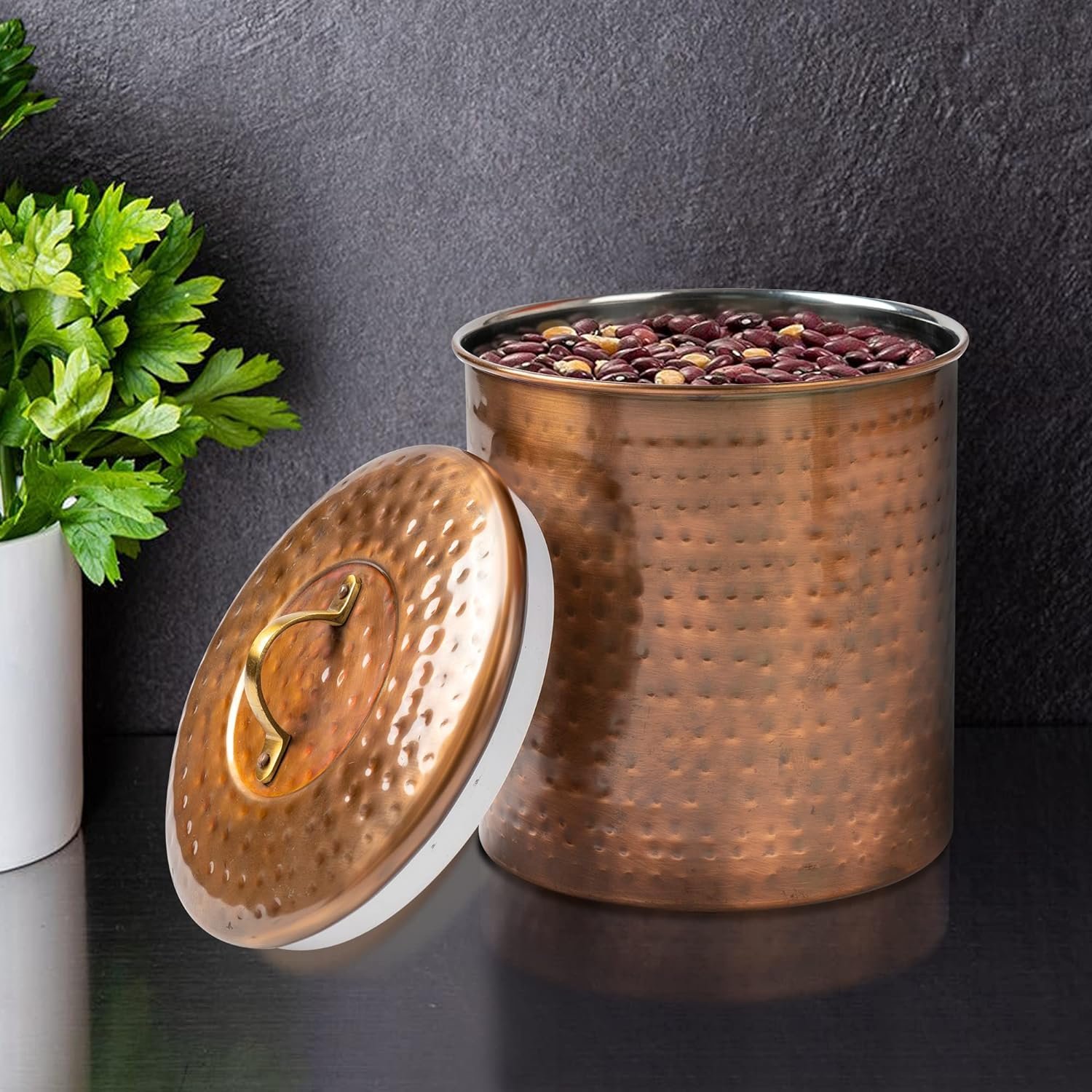 nu steel Hammered Antique Copper Stainless Steel 4pc Canister Set, Beautiful Food Storage Container for Kitchen Counter, Tea, Sugar, Coffee, Caddy, Flour Canister with Rubber seal lid, TG-1843AC-SET4