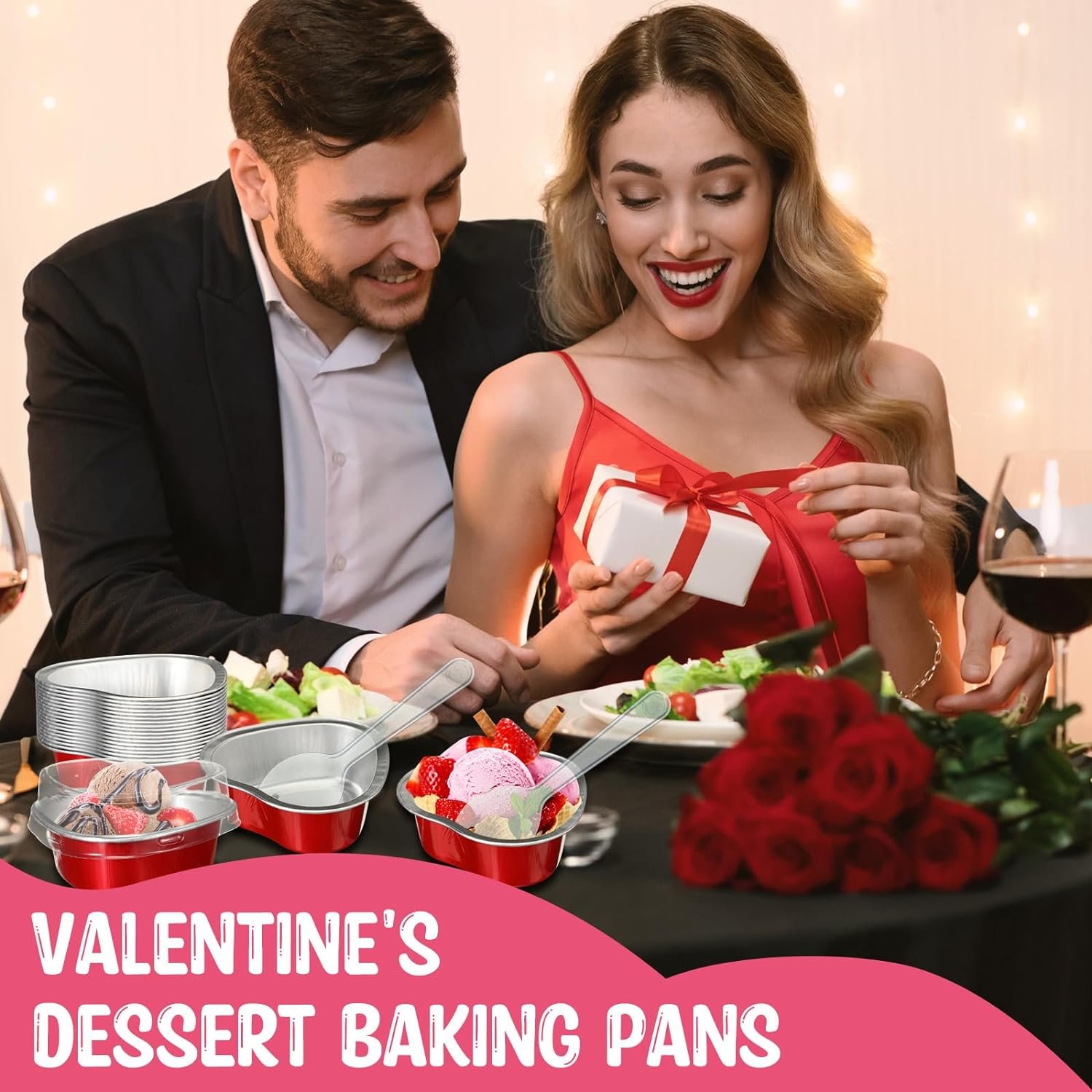 Nuogo Valentines Day Mini Heart Cake Pan with Lids And Plastic Cake Scoops 1.86 Oz/ 55 ml Mini Heart Cupcake Pans Foil Aluminum Cake Pans Disposable Baking Cups for Party Wedding(Red, 60 Sets)