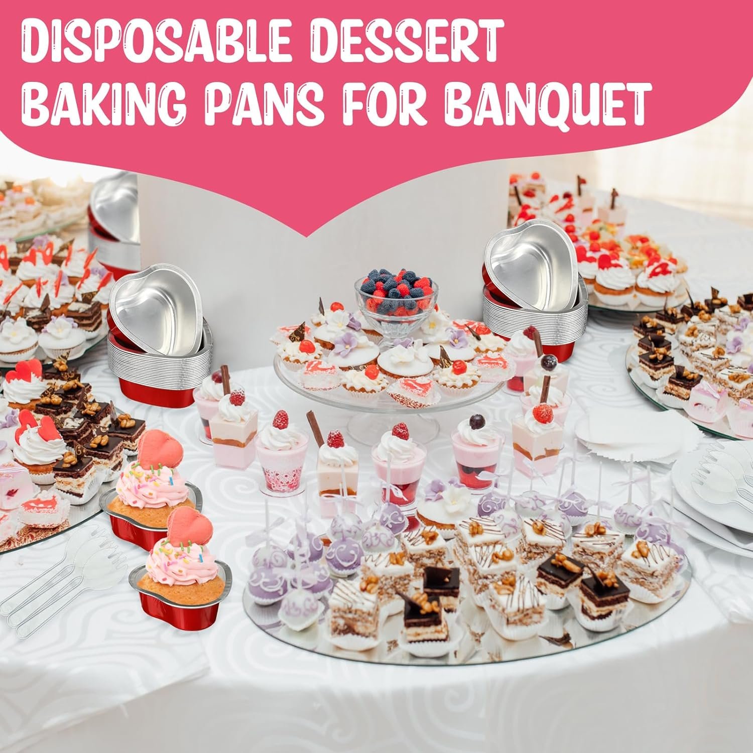 Nuogo Valentines Day Mini Heart Cake Pan with Lids And Plastic Cake Scoops 1.86 Oz/ 55 ml Mini Heart Cupcake Pans Foil Aluminum Cake Pans Disposable Baking Cups for Party Wedding(Red, 60 Sets)