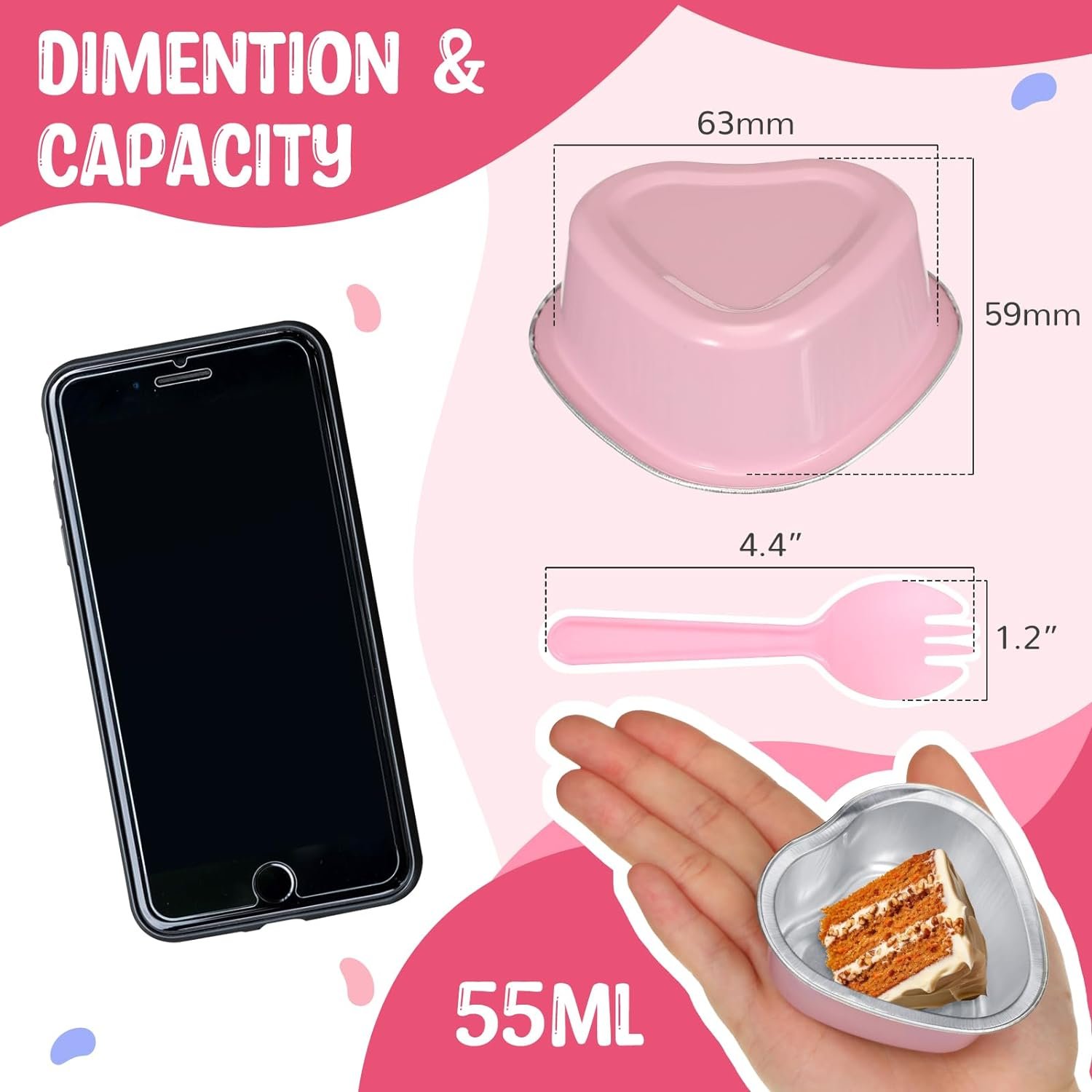 Nuogo Valentines Day Mini Heart Cake Pan with Lids And Plastic Cake Scoops 1.86 Oz/ 55 ml Mini Heart Cupcake Pans Foil Aluminum Cake Pans Disposable Baking Cups for Party Wedding(Red, 60 Sets)