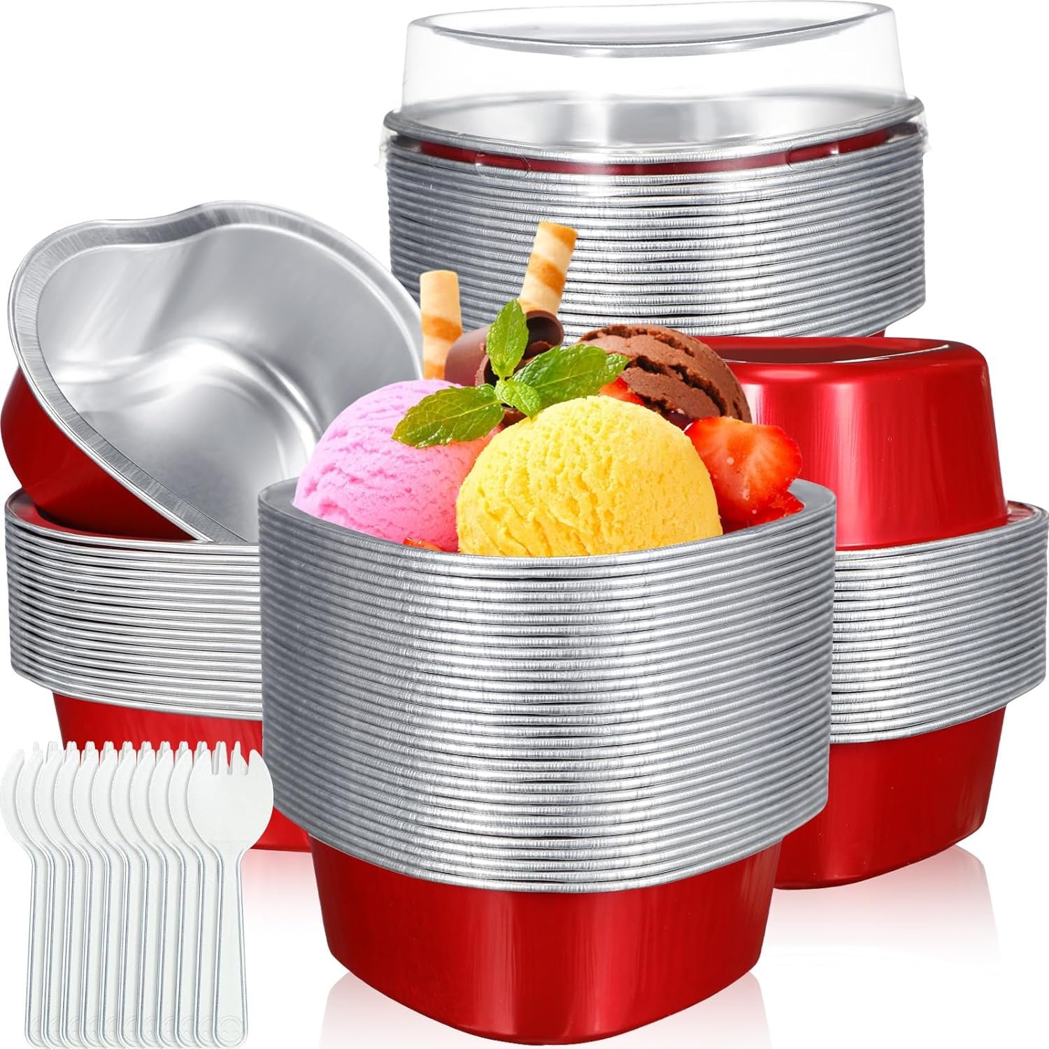Nuogo Valentines Day Mini Heart Cake Pan with Lids And Plastic Cake Scoops 1.86 Oz/ 55 ml Mini Heart Cupcake Pans Foil Aluminum Cake Pans Disposable Baking Cups for Party Wedding(Red, 60 Sets)