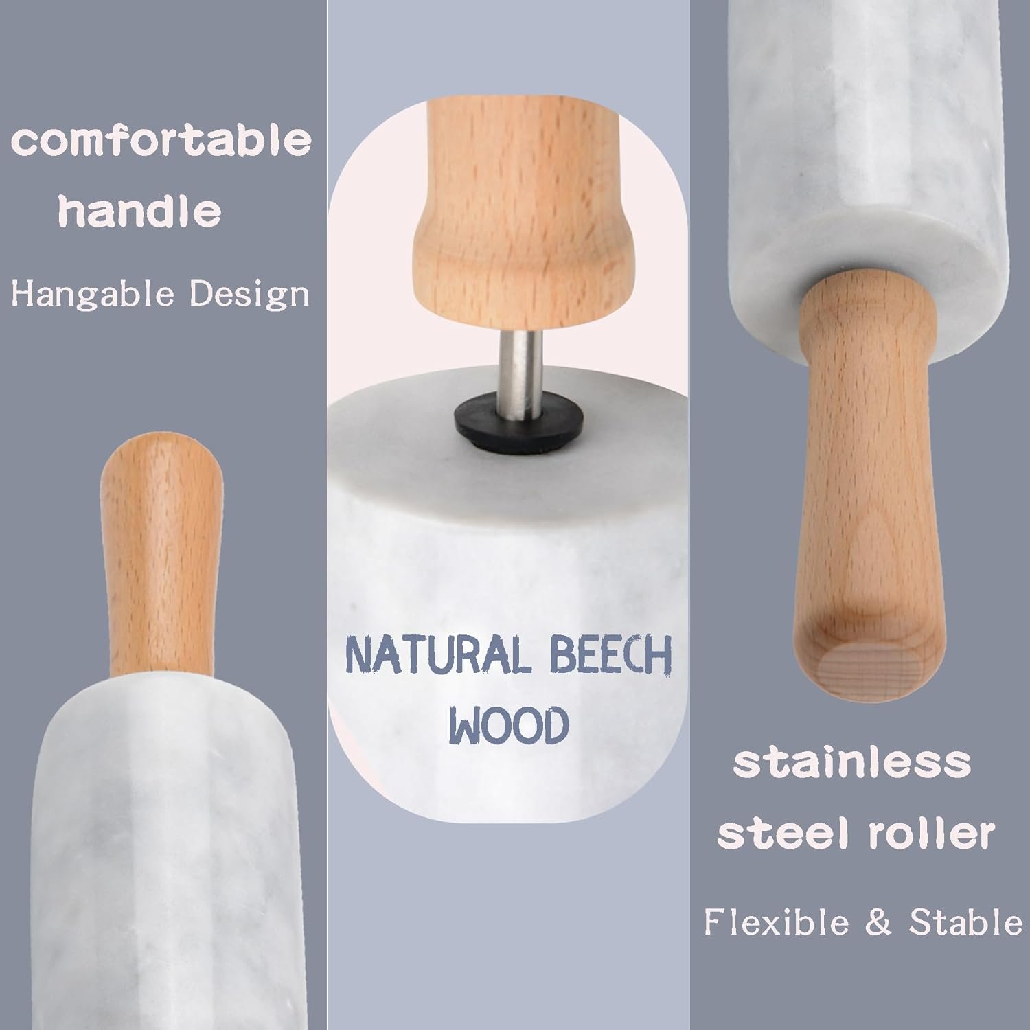 NUOYIA Marble Rolling Pin,Dough Roller 11.6 inch,Non-Stick Pizza Roller,No Rust,No Mold,Womens Kitchen Tool,Just The Right Weight for Pizza,Pasta,Pies,Pastries,Cookies,Fudge(White)