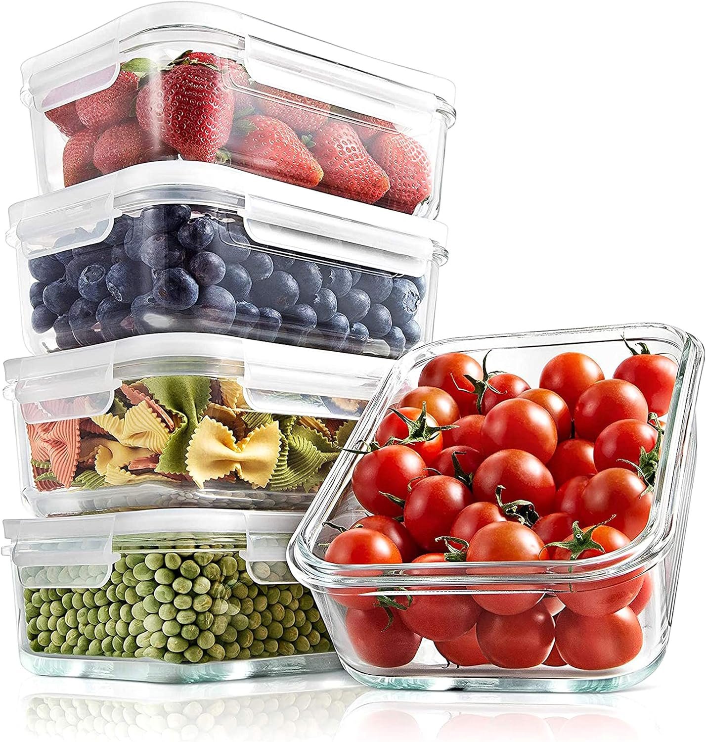 NutriChef 10-Piece Superior Glass Food Storage Containers Set (5 Containers + 5 Locking Lids),Stackable Meal-prep Design, BPA-free Airtight Clear Locking lids with Vent Lids  Air Hole, NCCLX5
