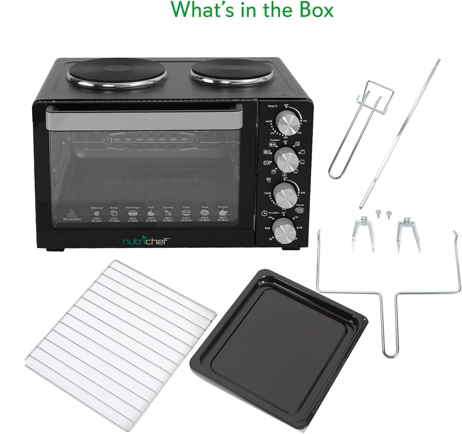 NutriChef 30 Quarts Kitchen Convection Oven - 1400 Watt Countertop Turbo, Rotisserie Roaster Cooker with Grill, Griddle Top Rack, Dual Hot Plates, Toaster, Baking Tray, Skewers and Handles - PKRTO28