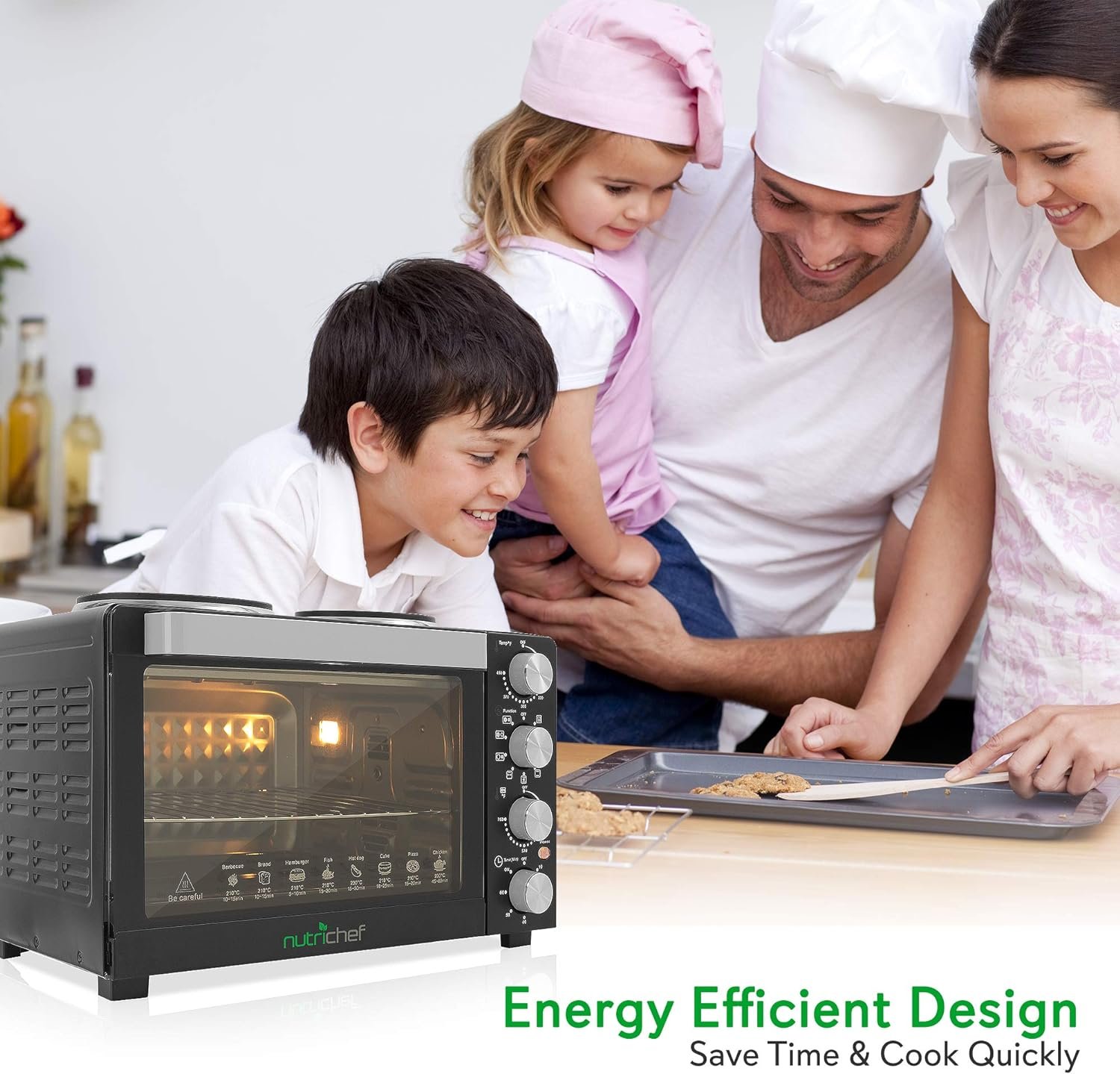 NutriChef 30 Quarts Kitchen Convection Oven - 1400 Watt Countertop Turbo, Rotisserie Roaster Cooker with Grill, Griddle Top Rack, Dual Hot Plates, Toaster, Baking Tray, Skewers and Handles - PKRTO28