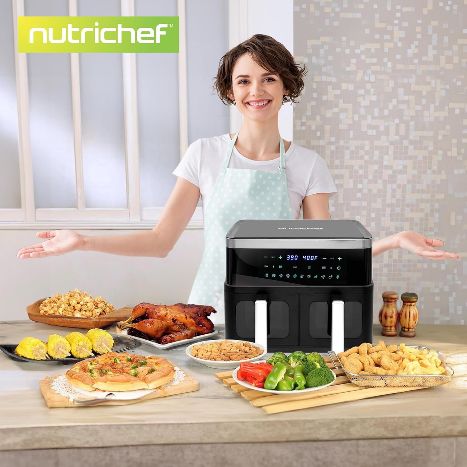 Nutrichef Double Basket Air Fryer 8.8 QT | Family Size Oil Free Airfryer with Transparent Window | 9-1 Preset Cooking Options | 360° Hot Air Circulation Technology | 4.4 QTs per Basket | Black