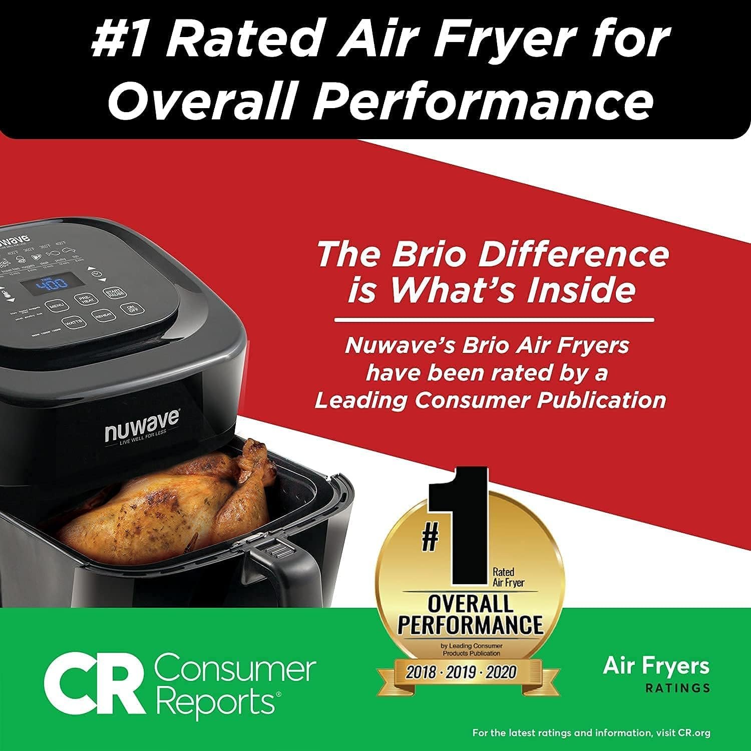 Nuwave Brio 3-Qt Air Fryer, Touch Screen Digital Controls  Easy to Read Display, 100°F- 390°F Temp Controls in 5° Increments, Linear Thermal (Linear T) Technology, Built-In Safety Features (Renewed)