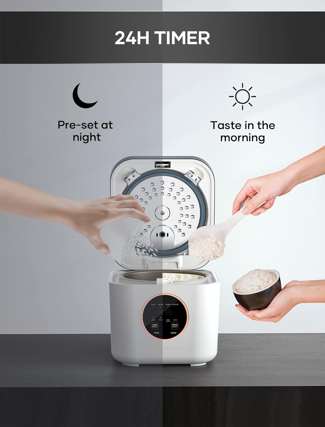 Offacy Smart Mini Rice Cooker, 3 Cups (Uncooked) Small Capacity, 24-H Delay Timer, Auto Keep Warm, Nonstick Inner Pot, for Soft White Rice, Brown Rice, Sushi, Porridge Offacy Smart Mini Rice Cooker, 3 Cups (Uncooked) Small Capacity, 24-H Delay Timer, Auto Keep Warm, Nonstick Inner Pot, for Soft White Rice, Brown Rice, Sushi, Porridge