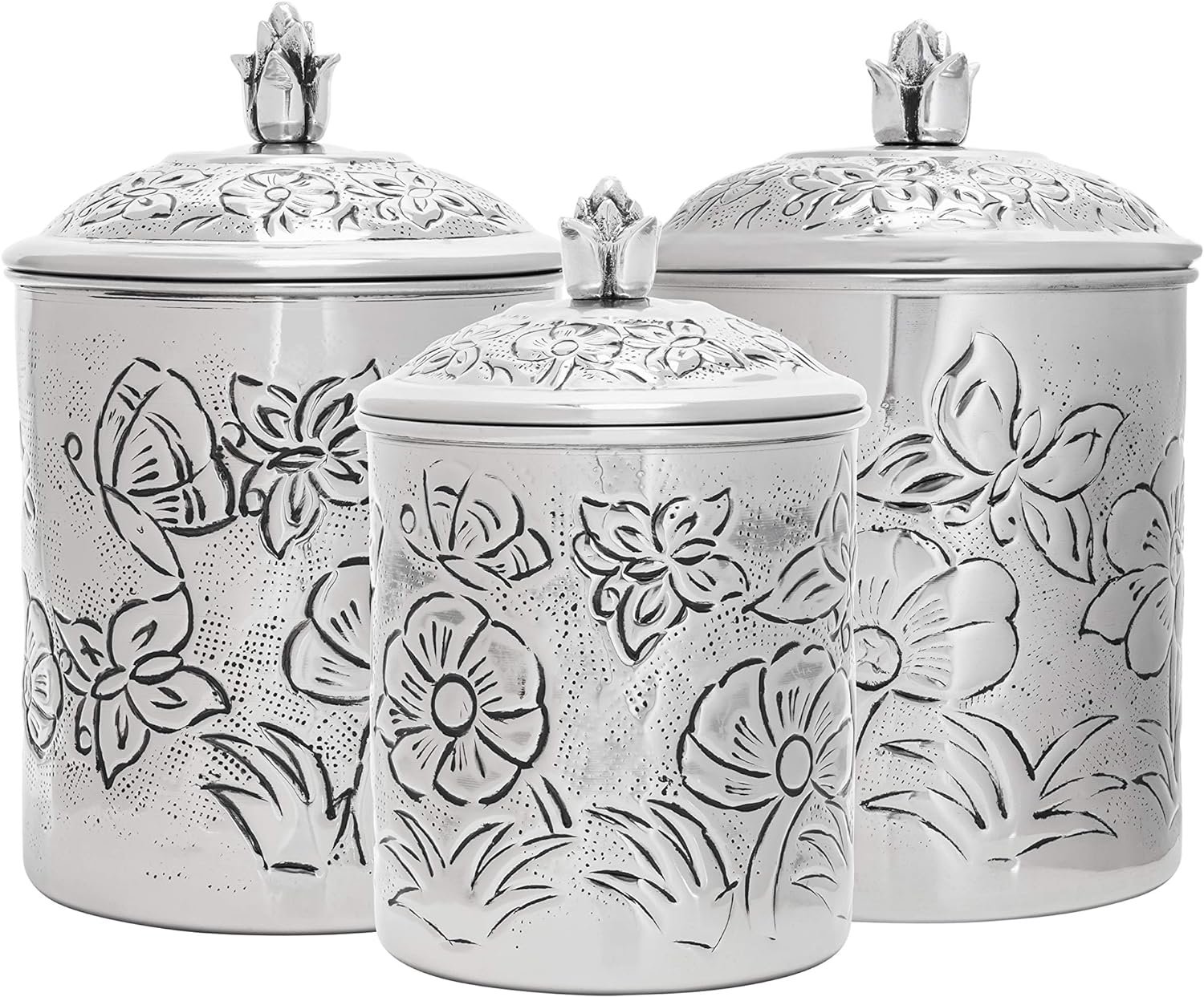 Old Dutch Embossed Butterfly canisters, 4, 2, 1.5 quarts, gray