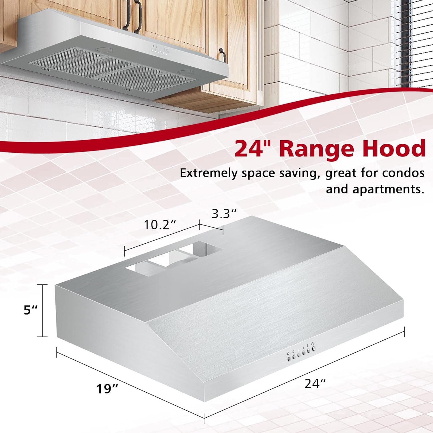 ONEEON Under Cabinet Range Hood, 24 inch Slim Kitchen Hood with 4 Speed Exhaust Fan, 2 Washable Reusable Filters, LED Lights, Stainless Steel