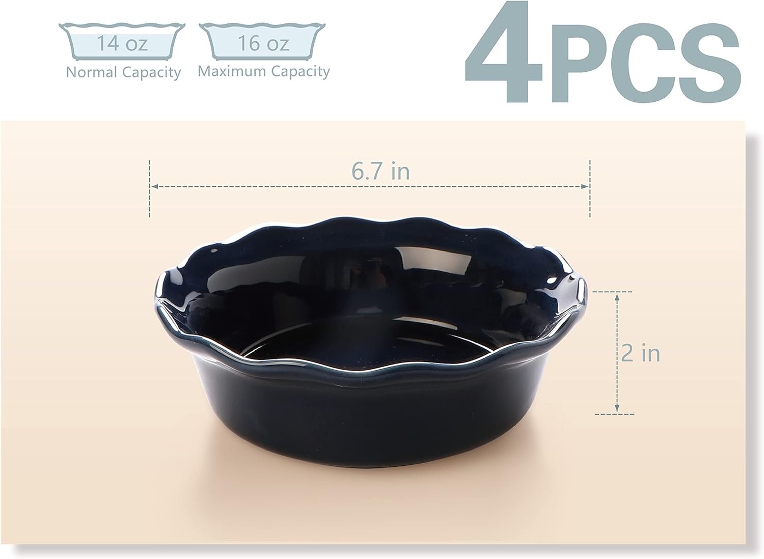 ONEMORE Pie Pans, 6.7 inch Small Chicken Pot Pie Plates 16 oz Deep Dish Pie Pan Ceramic Baking Plates for Dessert Oven Safe Round Baking Dish Pans Set of 4 - Blue
