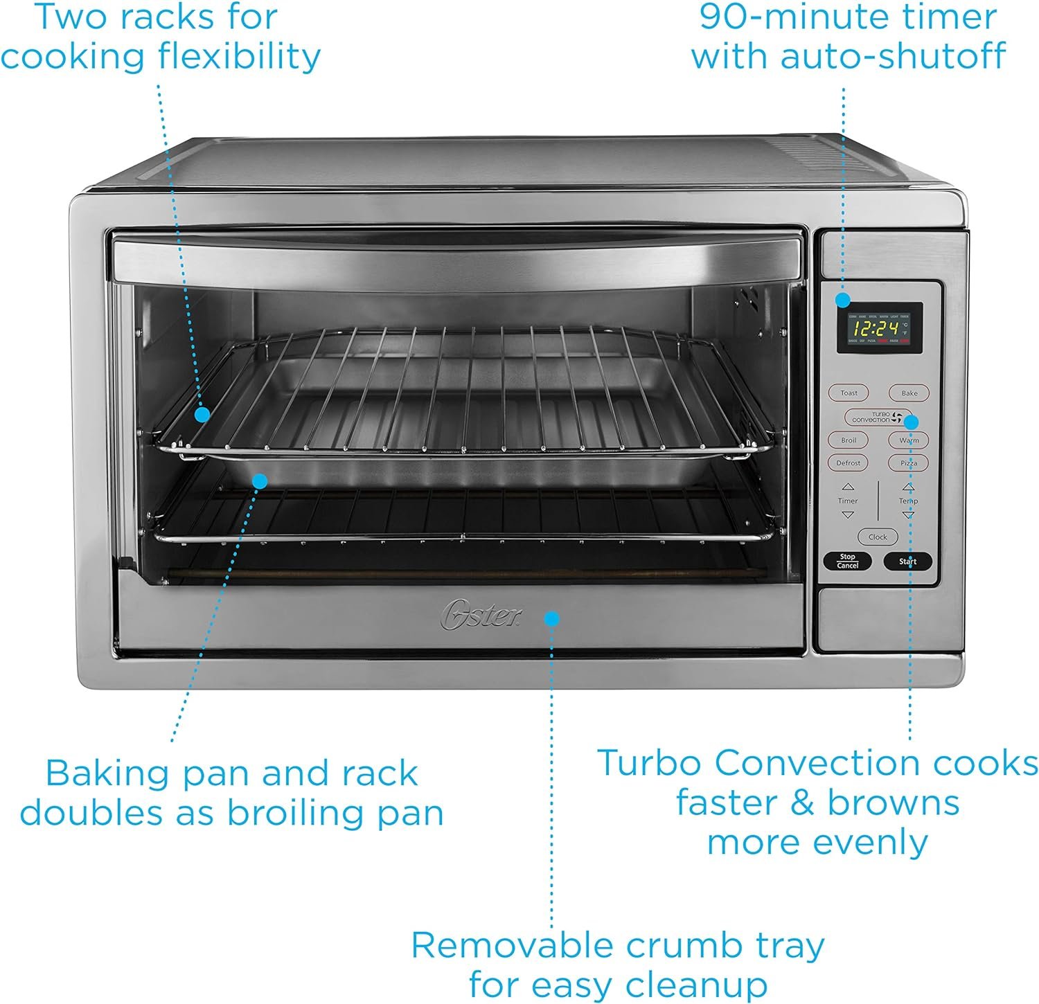 Oster Toaster Oven, 7-in-1 Countertop Toaster Oven, 10.5 x 13 Fits 2 Large Pizzas, Stainless Steel  Long Slot 4-Slice Toaster, Stainless Steel (TSSTTR6330-NP)