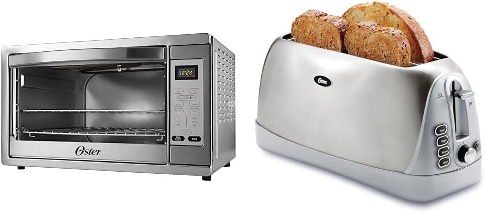 Oster Toaster Oven, 7-in-1 Countertop Toaster Oven, 10.5 x 13 Fits 2 Large Pizzas, Stainless Steel  Long Slot 4-Slice Toaster, Stainless Steel (TSSTTR6330-NP)