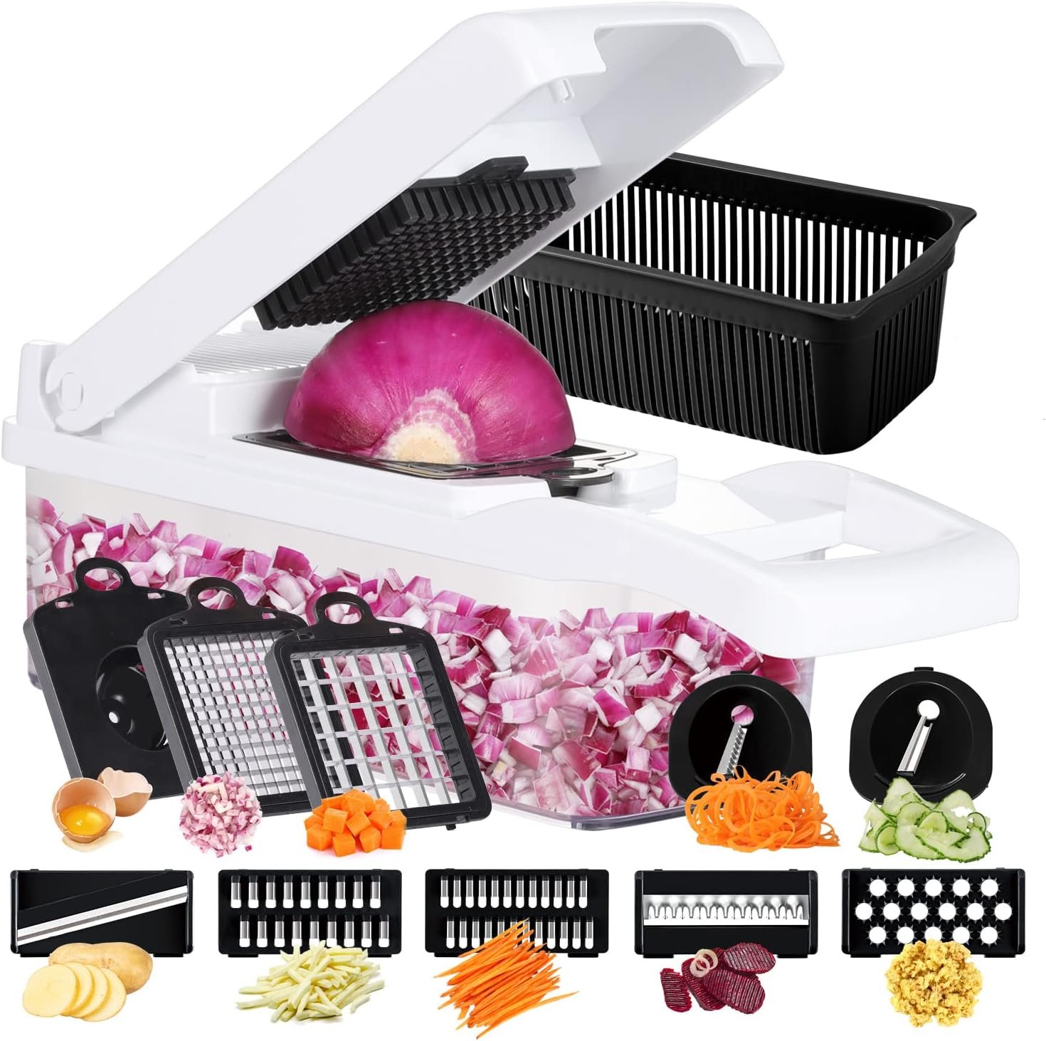 Ourokhome Chopper Vegetable Cutter, 14 in 1 Professional Mandolin Slicer for Kitchen, Food Dicer Zucchini Spiralizer for Potato, Tomato, Veggie, Onion with 10 blades and Strainer Basket (Black)