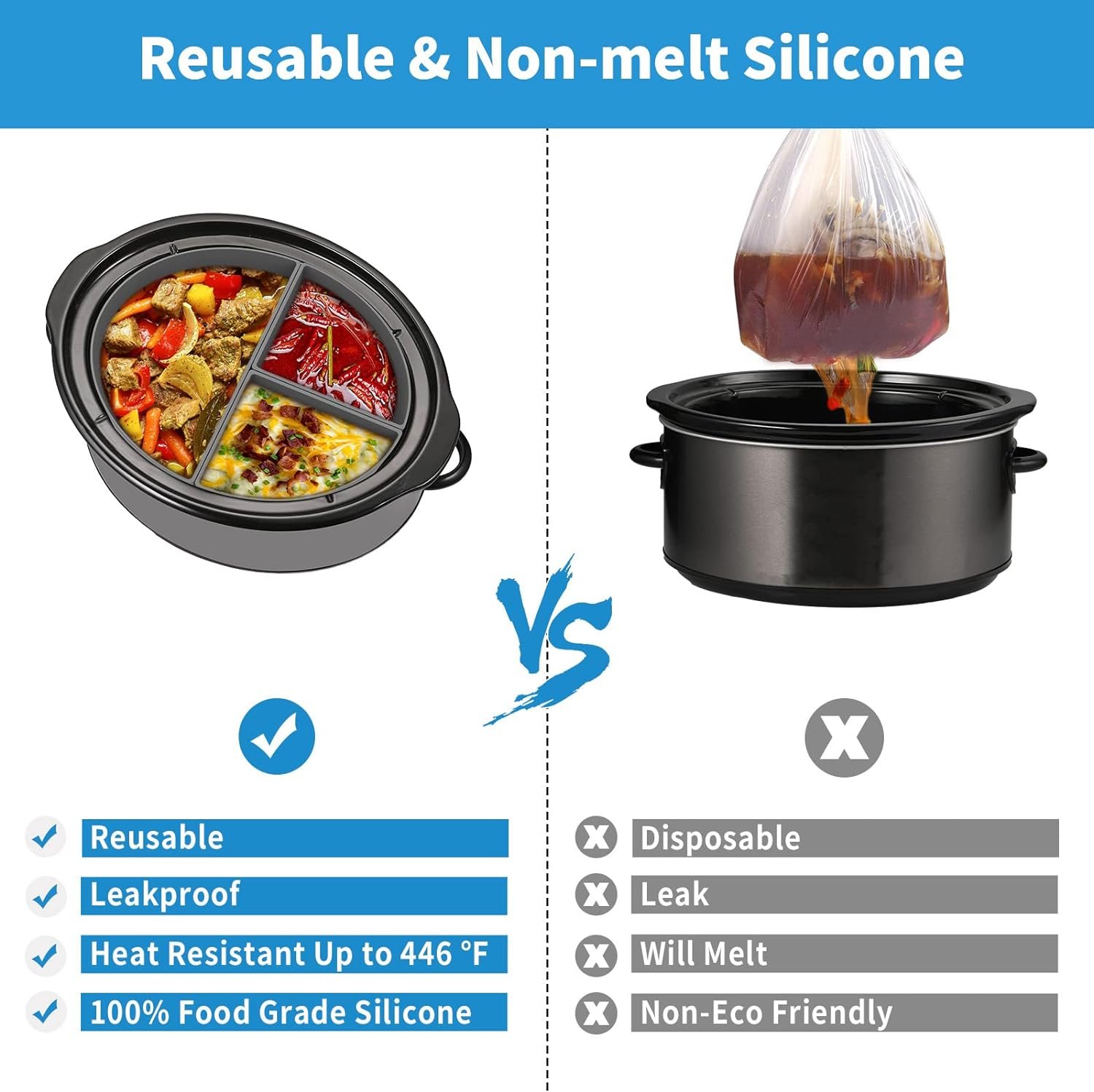 OUTXE Upgraded Slow Cooker Divider Liner fit 6 QT Crockpot, Reusable  Leakproof Silicone Crockpot Divider, Dishwasher Safe Cooking Liner for 6 Quart Pot