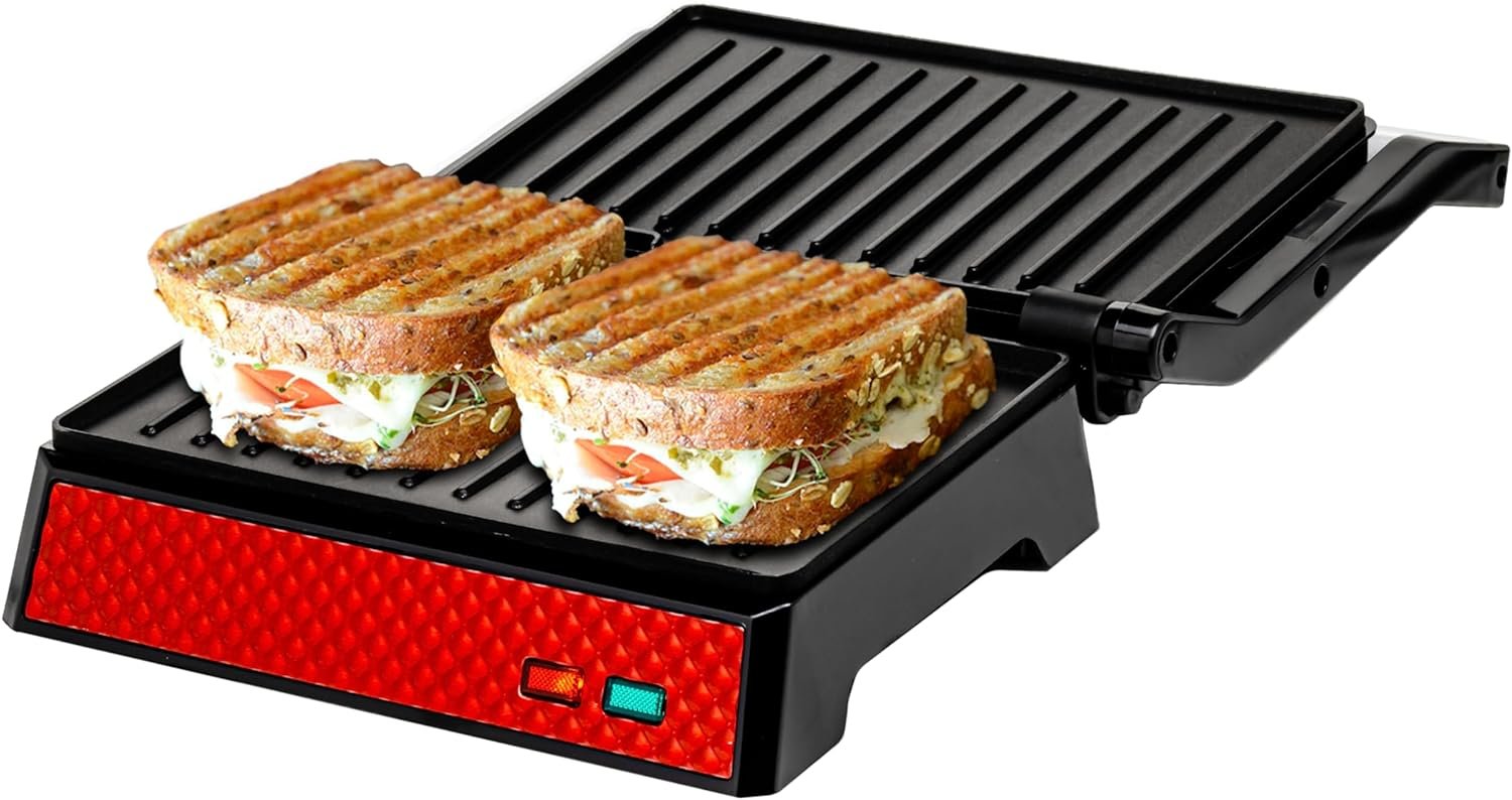 OVENTE Electric Indoor Panini Press Grill and Sandwich Maker with Non-Stick Coated Plates, Cool-Touch Handle and Removable Drip Tray, Opens 180 Degrees to Fit Any Type or Size of Food, Red GP0540R OVENTE Electric Indoor Panini Press Grill and Sandwich Maker with Non-Stick Coated Plates, Cool-Touch Handle and Removable Drip Tray, Opens 180 Degrees to Fit Any Type or Size of Food, Red GP0540R