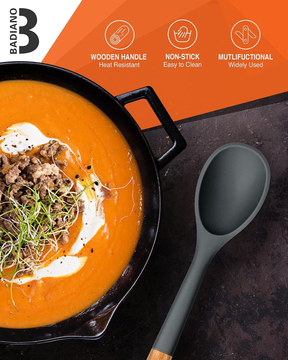 Pack of 2 Silicone Spatula, Non Stick Cooking Utensil Set Wooden Handle Kitchen Turner for Baking Mixing Grilling Serving Food Heat Resistant Non Scratch Hooks Included (Khaki)