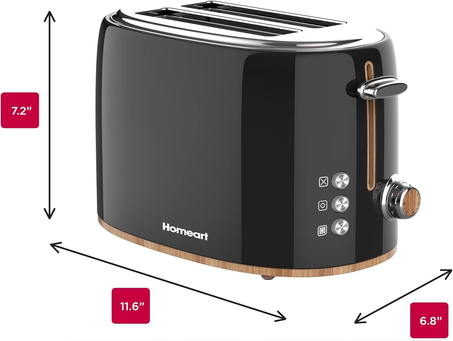 Panda 2-Slice Toaster with Wooden Detail - Stainless Steel With Removable Crumb Tray, Adjustable Browning Control With Multiple Settings to Cancel, Defrost and Bagel - 900W, Black