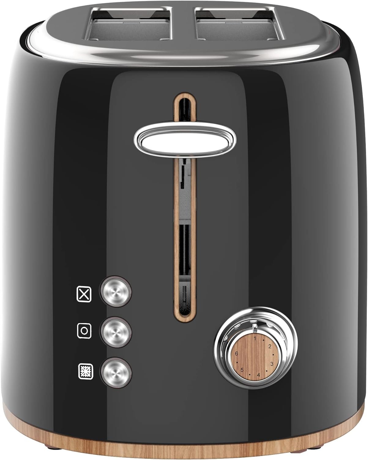 Panda 2-Slice Toaster with Wooden Detail - Stainless Steel With Removable Crumb Tray, Adjustable Browning Control With Multiple Settings to Cancel, Defrost and Bagel - 900W, Black