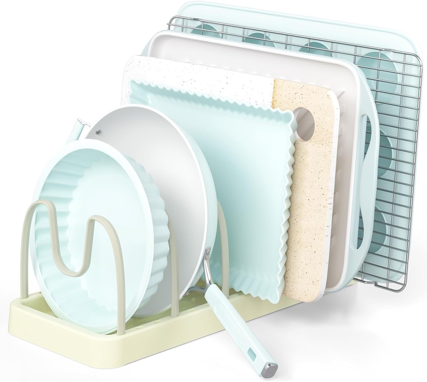 PanPanPal Expandable Pans and Pots Lid Organizer Rack for Cabinet - Rubber-dipped Pan Organizer Rack for Kitchen Cabinet Organizers and Storage with 10 Adjustable Dividers and Anti-scratch Strip