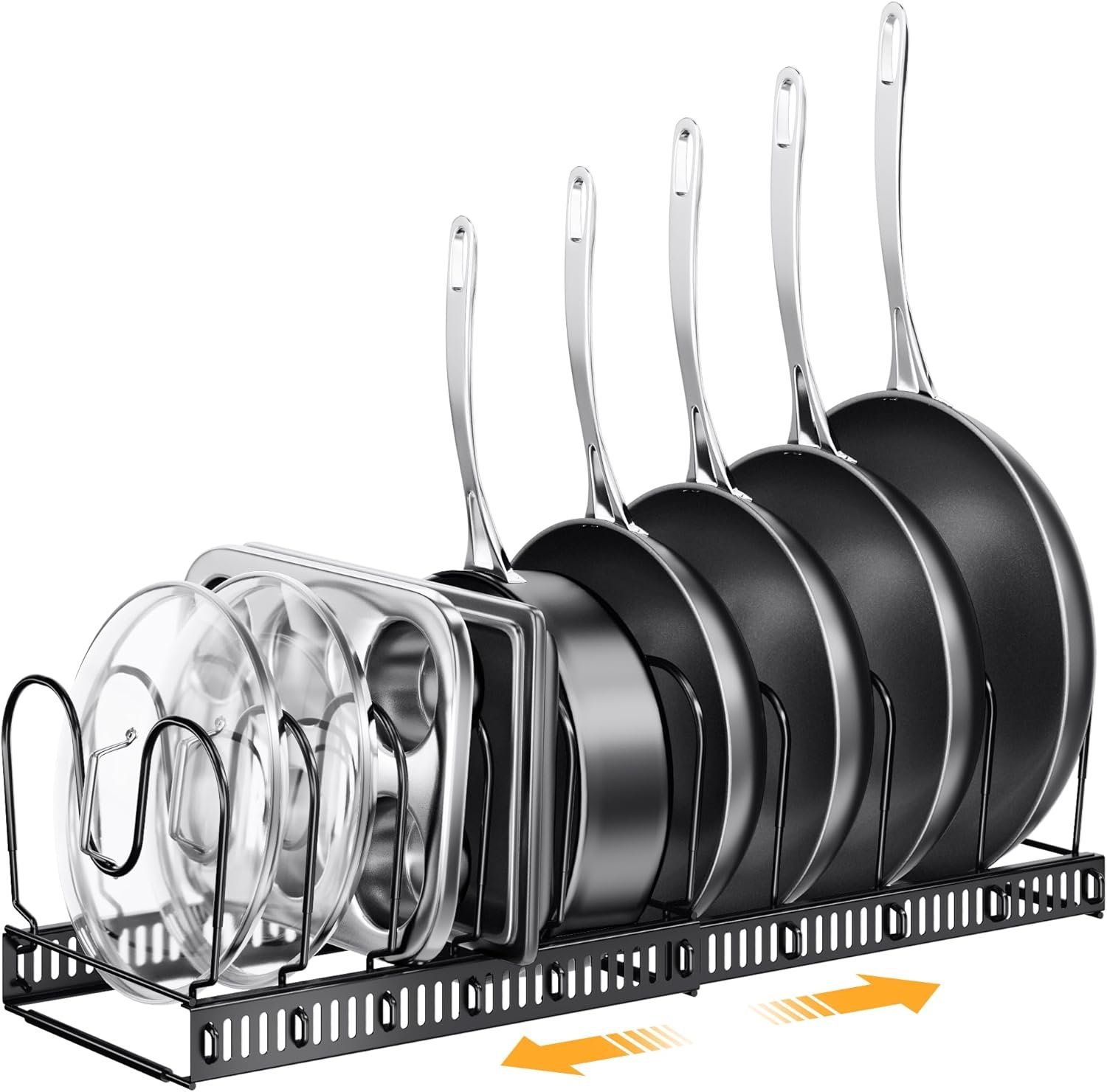 PanPanPal Expandable Pans and Pots Lid Organizer Rack for Cabinet - Rubber-dipped Pan Organizer Rack for Kitchen Cabinet Organizers and Storage with 10 Adjustable Dividers and Anti-scratch Strip