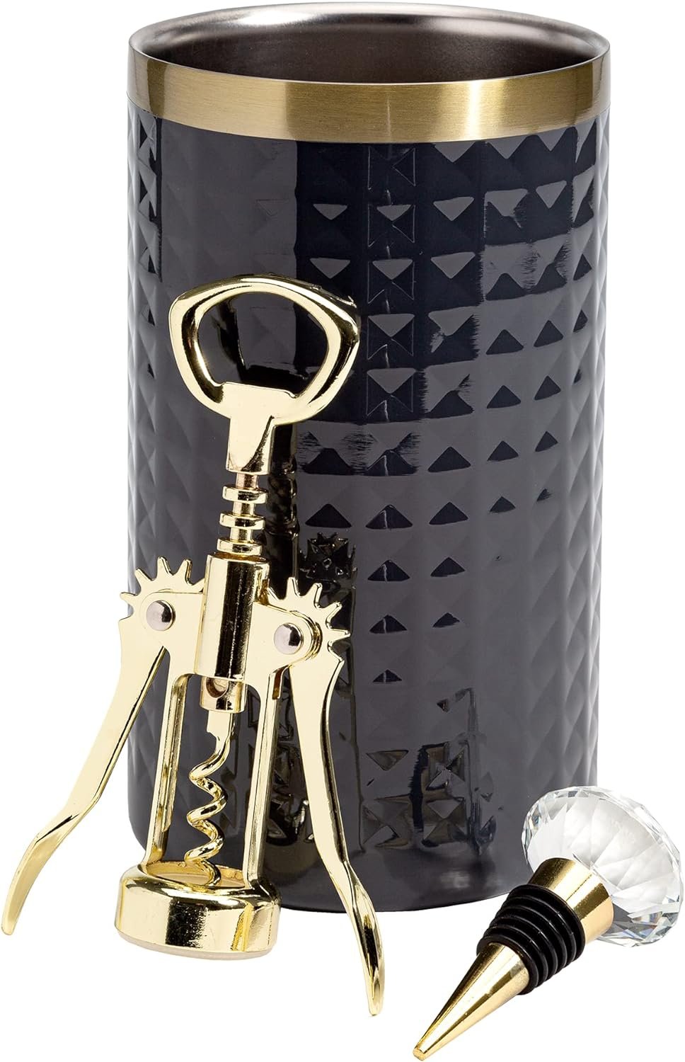 Paris Hilton Wine Bottle Chiller Set, Insulated Double Wall Chiller, Gold Winged Corkscrew Wine Bottle Opener, Diamond Wine Stopper, 3-Piece Set, Gold Paris Hilton Wine Bottle Chiller Set, Insulated Double Wall Chiller, Gold Winged Corkscrew Wine Bottle Opener, Diamond Wine Stopper, 3-Piece Set, Gold