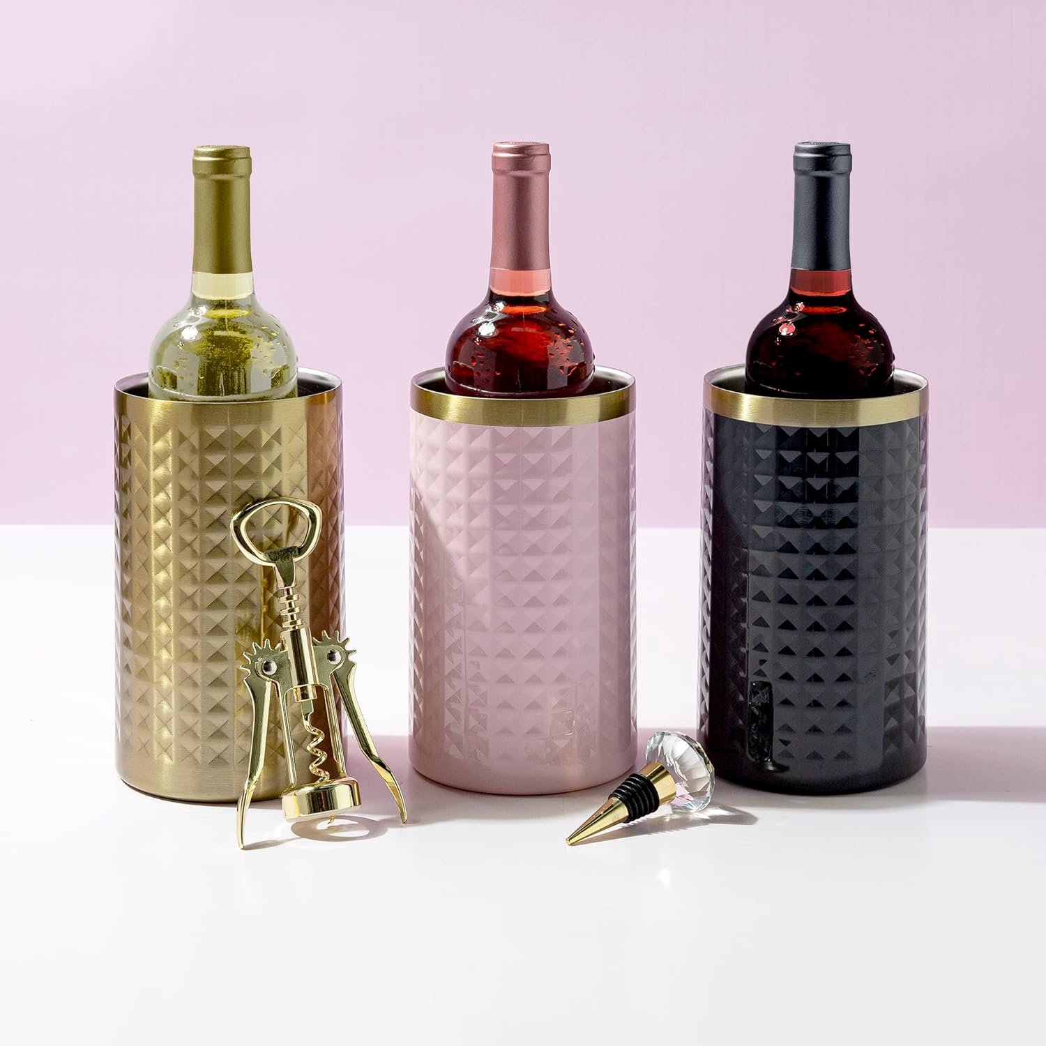 Paris Hilton Wine Bottle Chiller Set, Insulated Double Wall Chiller, Gold Winged Corkscrew Wine Bottle Opener, Diamond Wine Stopper, 3-Piece Set, Gold Paris Hilton Wine Bottle Chiller Set, Insulated Double Wall Chiller, Gold Winged Corkscrew Wine Bottle Opener, Diamond Wine Stopper, 3-Piece Set, Gold