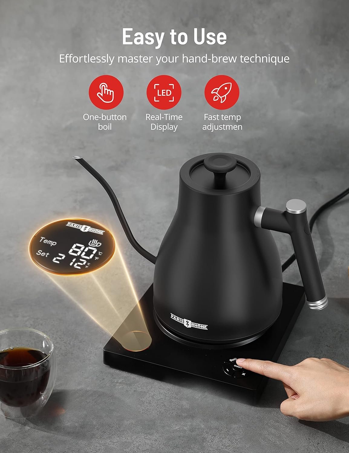 Paris Rhône Gooseneck Electric Kettle, Electric Kettle with 4 Variable Presets, ±1℉ Temperature Control  LED Real-time Temperature Display, Stainless Steel Inner, 24H Keep Warm for Coffee, Tea, 0.9L