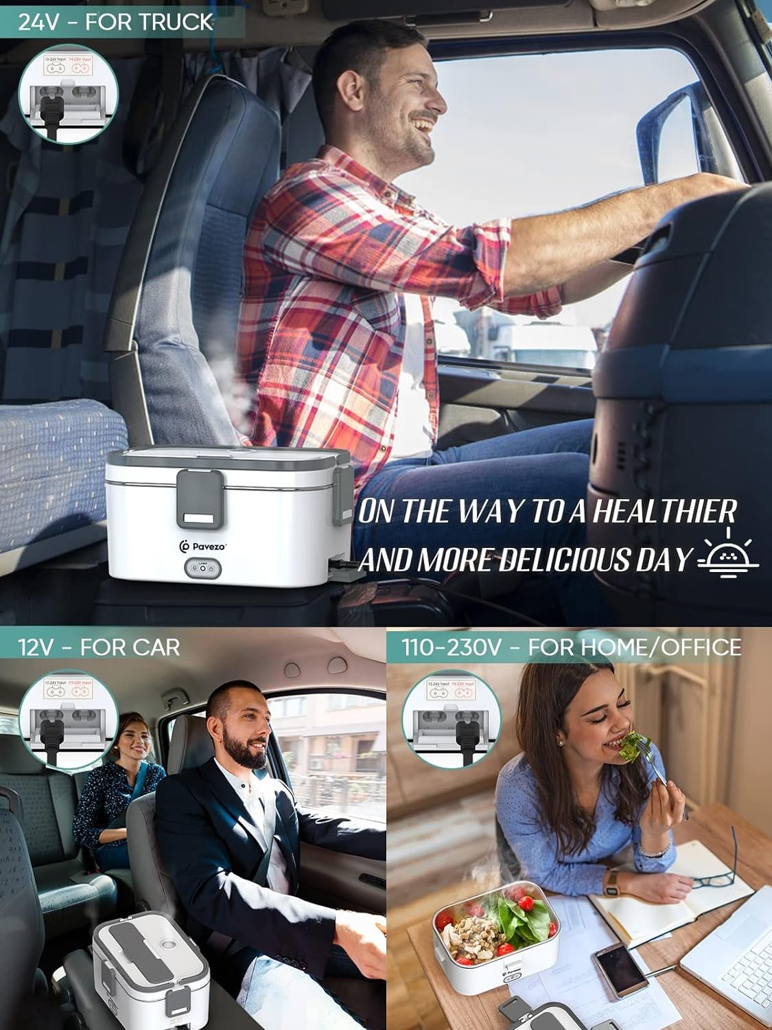 Pavezo Electric Lunch Box [Faster-80W, Large-1.8L/61-oz] Food Heated Lunch Box, 12V/24V/110V Food Warmer Lunch Box for Car Truck Home, With Airtight Lid, SS Container, Fork Spoon, Carry Bag