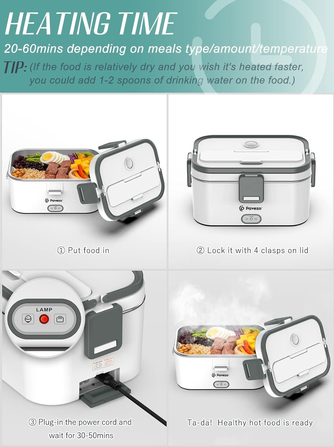 Pavezo Electric Lunch Box [Faster-80W, Large-1.8L/61-oz] Food Heated Lunch Box, 12V/24V/110V Food Warmer Lunch Box for Car Truck Home, With Airtight Lid, SS Container, Fork Spoon, Carry Bag