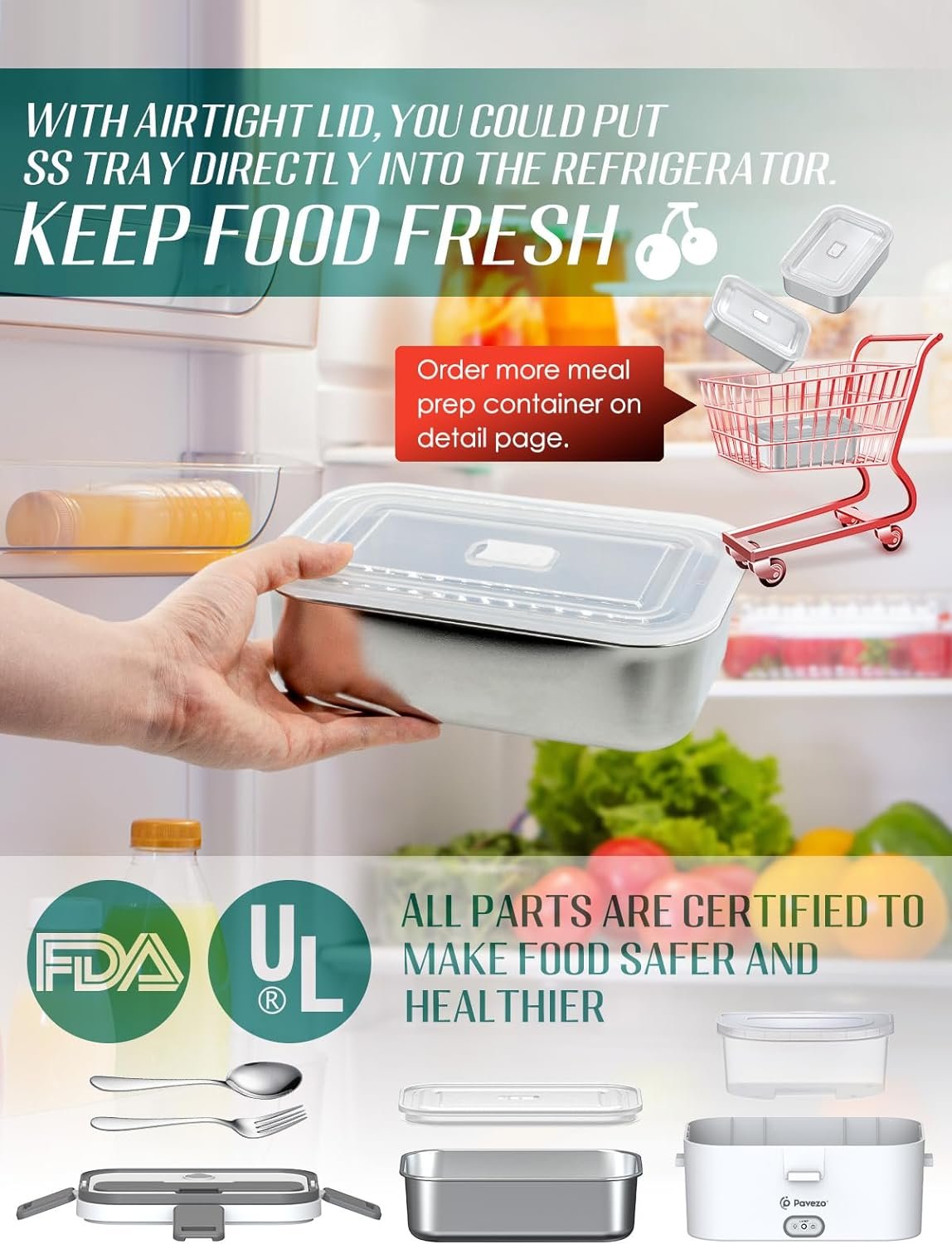 Pavezo Electric Lunch Box [Faster-80W, Large-1.8L/61-oz] Food Heated Lunch Box, 12V/24V/110V Food Warmer Lunch Box for Car Truck Home, With Airtight Lid, SS Container, Fork Spoon, Carry Bag