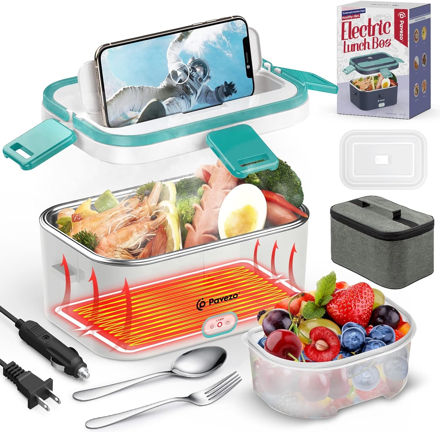 Pavezo Electric Lunch Box [Faster-80W, Large-1.8L/61-oz] Food Heated Lunch Box, 12V/24V/110V Food Warmer Lunch Box for Car Truck Home, With Airtight Lid, SS Container, Fork Spoon, Carry Bag