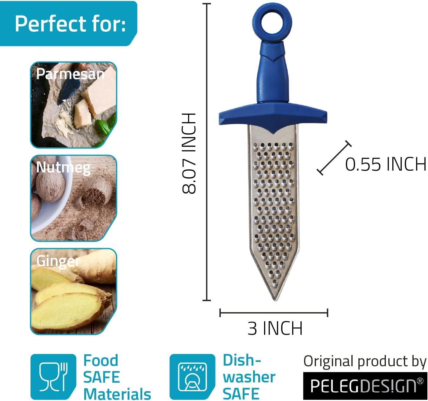 PELEG DESIGN – Gratiator Small Cheese Grater Stainless Steel Sword-Shaped Grating Utensil Lemon Zester Tool with Royal Blue Plastic Handle | Mini Cheese Grater for Parmesan Cheese Ginger Vegetables PELEG DESIGN – Gratiator Small Cheese Grater Stainless Steel Sword-Shaped Grating Utensil Lemon Zester Tool with Royal Blue Plastic Handle | Mini Cheese Grater for Parmesan Cheese Ginger Vegetables