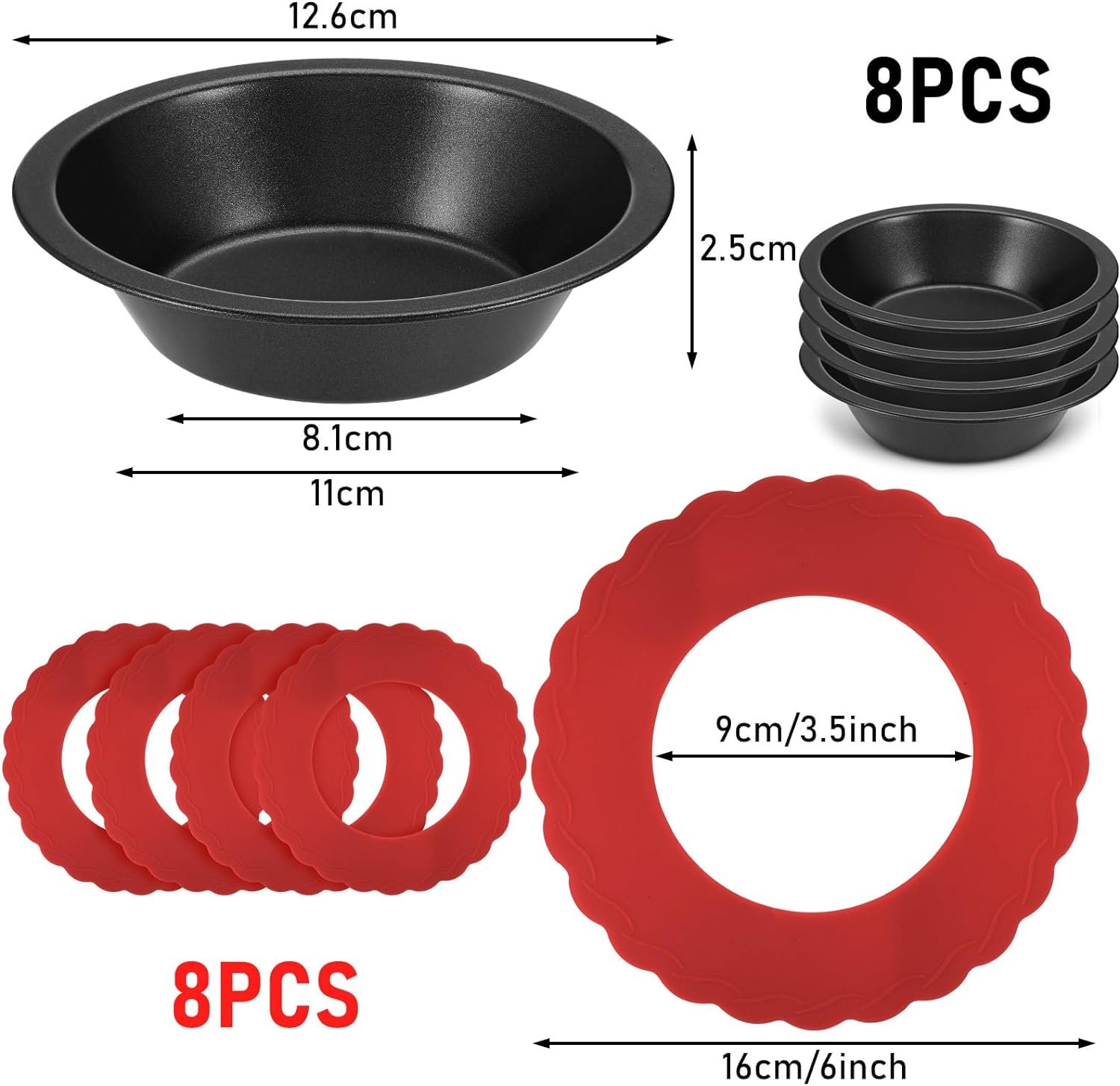 Pie Dish Set Including Mini Pie Pans Nonstick 5 Inch Mini Metal Bakeware and Silicone Pie Crust Protector 3.5-6.4 Inch Kitchen Pie Baking Cover to Protect Edge from Burning, Red (16 Pcs)