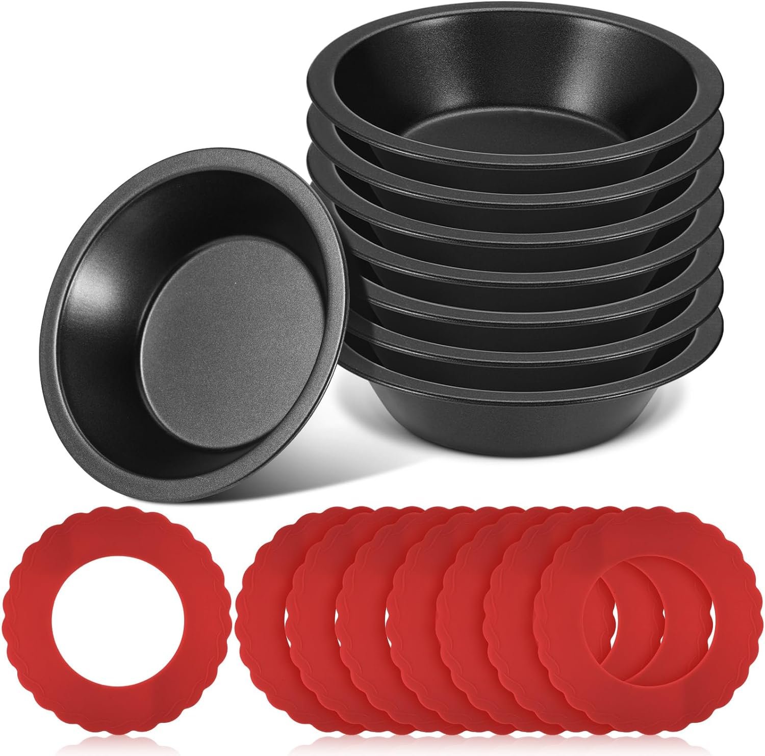 Pie Dish Set Including Mini Pie Pans Nonstick 5 Inch Mini Metal Bakeware and Silicone Pie Crust Protector 3.5-6.4 Inch Kitchen Pie Baking Cover to Protect Edge from Burning, Red (16 Pcs)